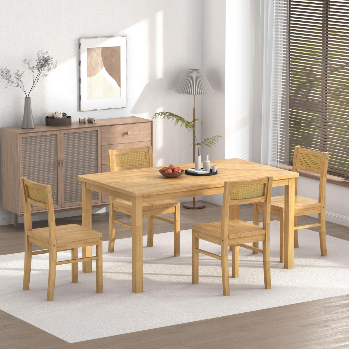 Orweiin Solid Wood Dining Table Set for 4, 43.3" Dining Table with Chairs Set, Kitchen Dining Table Set with Woven Rattan Backs, Farmhouse Solid Wood Table and Chairs, Natural
