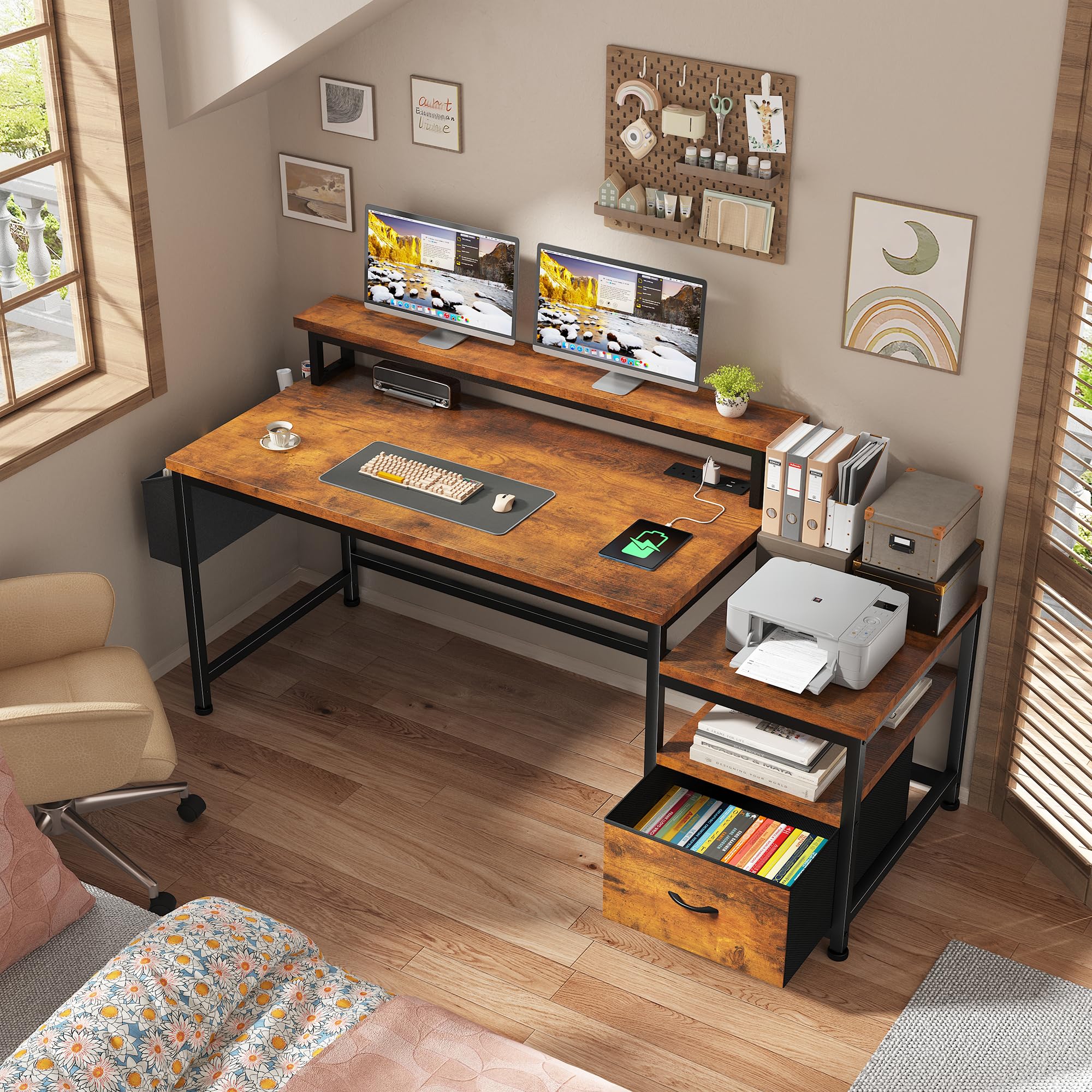 56.5" Office Desk with Monitor Stand, Filing Cabinet & Power Outlets