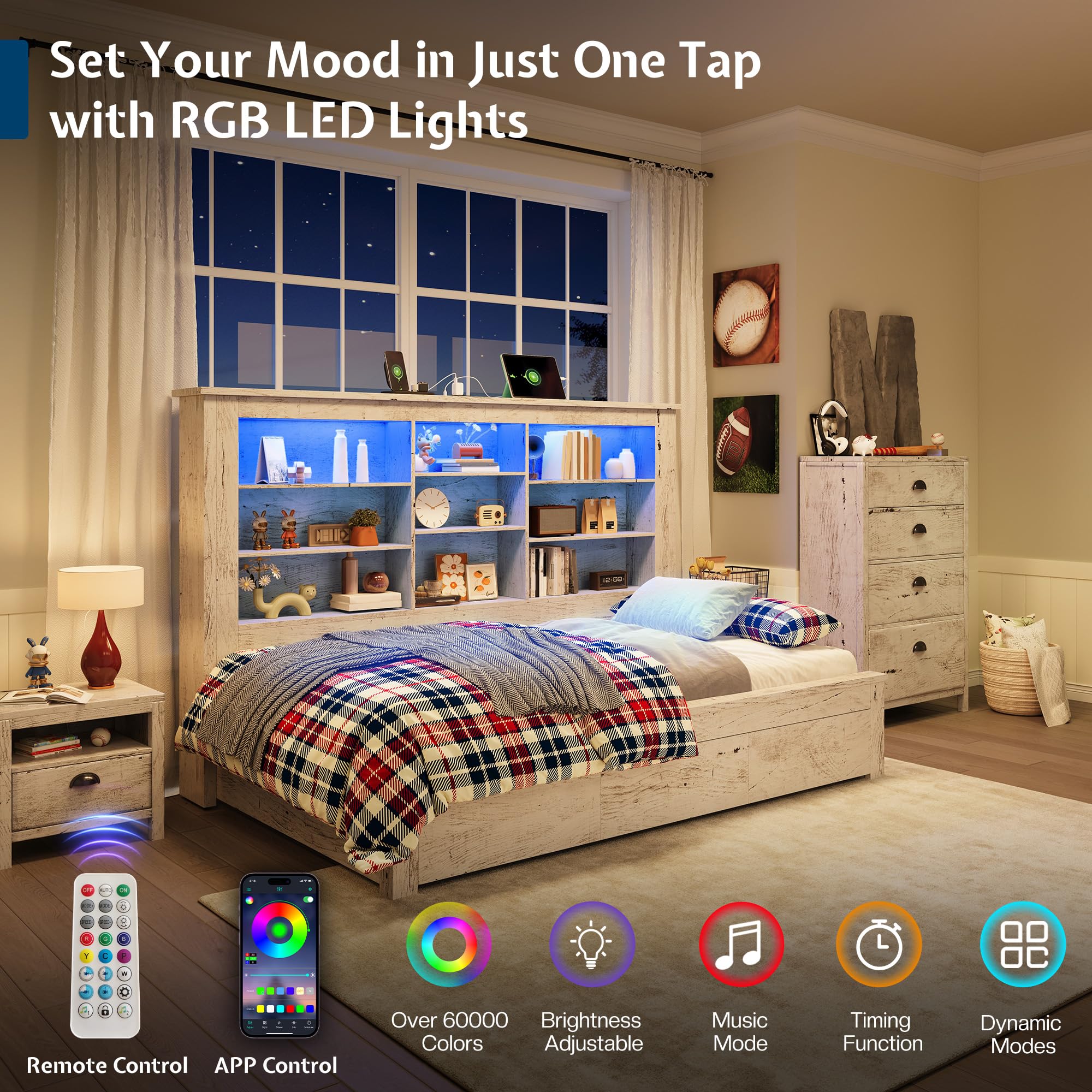 Twin Storage Daybed with Bookcase Headboard, USB Charging & RGB LED Lights