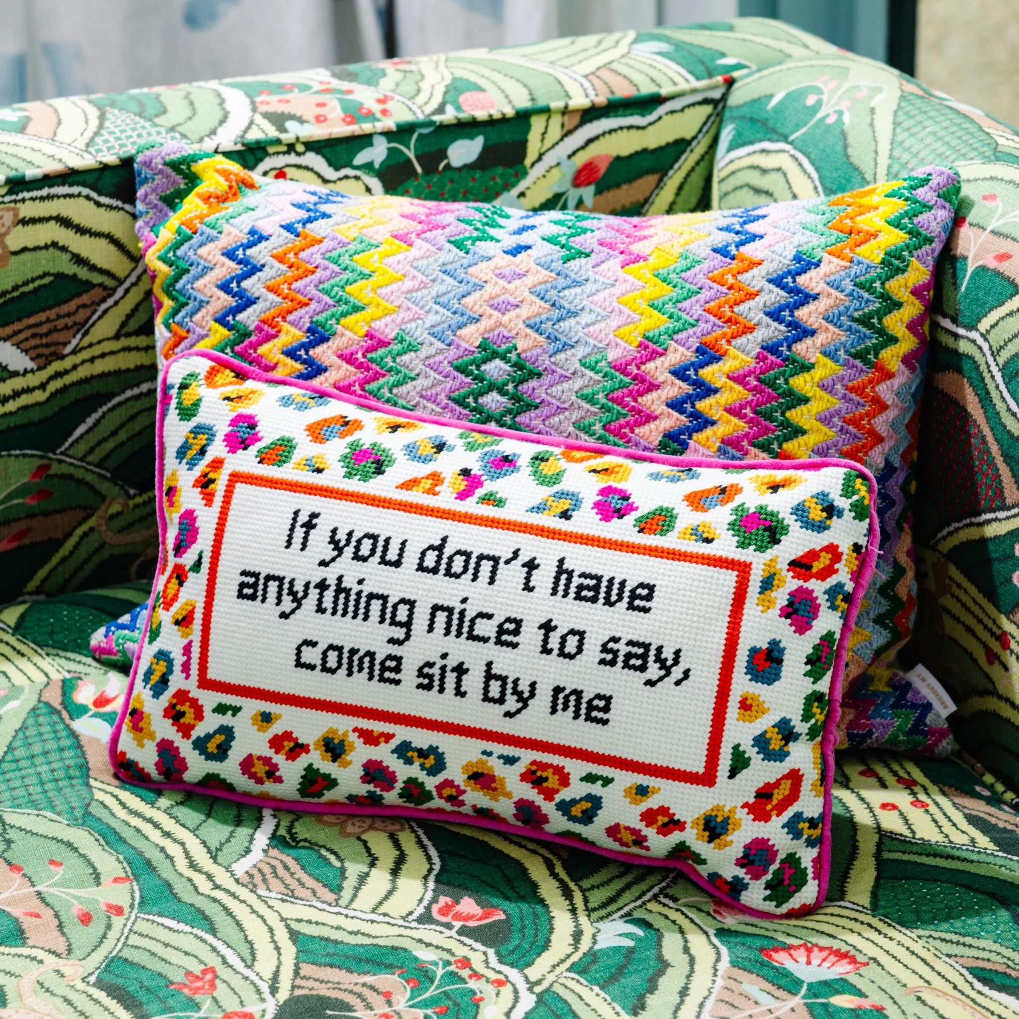 FURBISH Needlepoint Decorative Throw Pillow - Come Sit by Me - 9" x 15" - Small Embroidered Accent Pillow for Bed, Chair, Couch, Sofa - Eclectic Home Decor