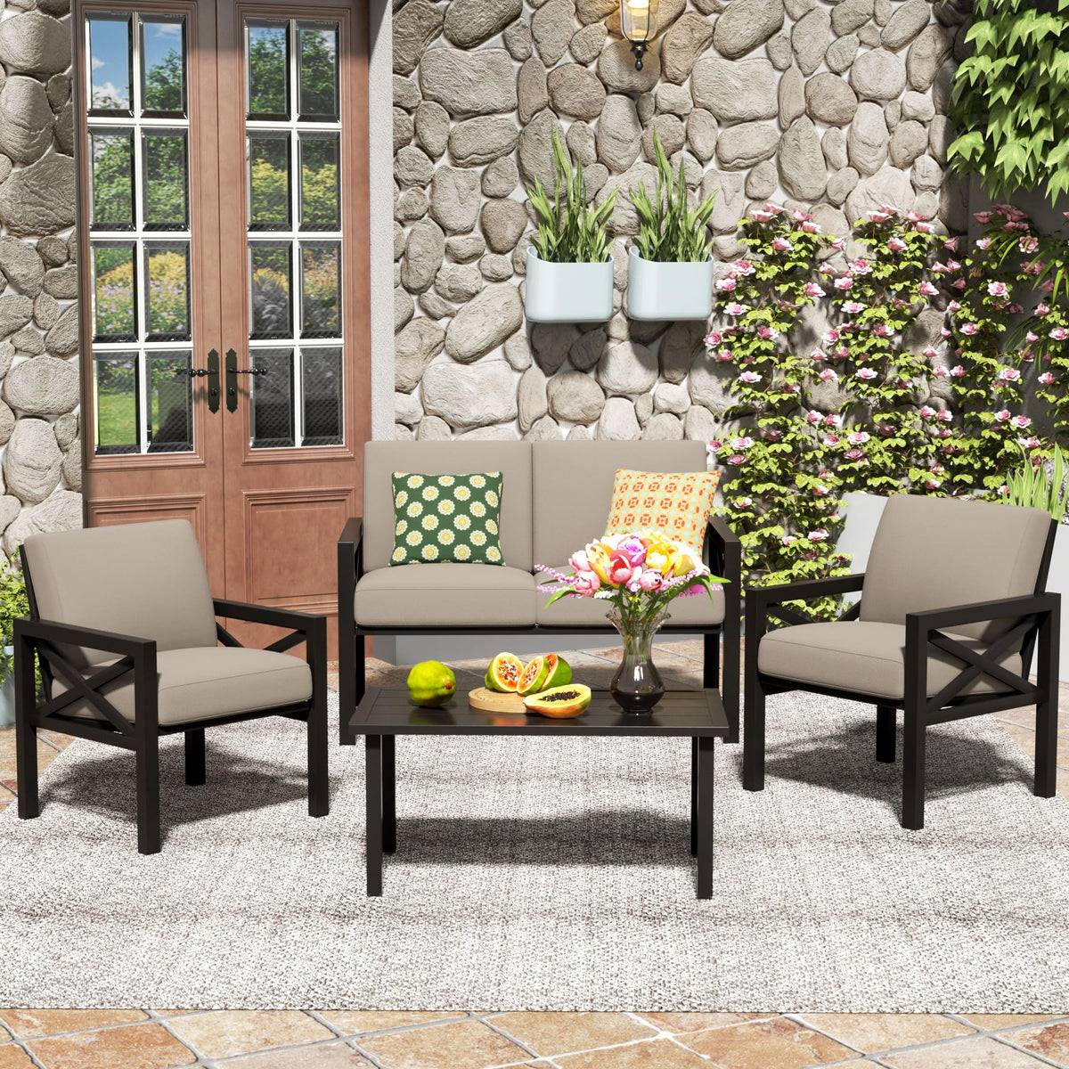 4 Piece Patio Furniture Set Metal Patio Conversation Set, 5.5"Cushion Shale