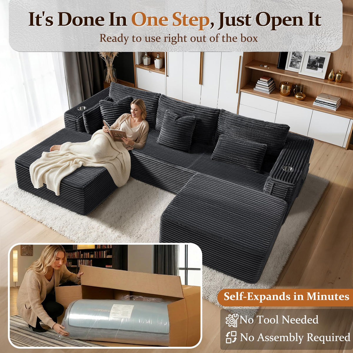 VYUXWO 108" Oversized Cloud Sectional Couch, Comfort U Shaped Boneless Couch for Living Room, Extra Deep Seats No Assembly, Modular Sofa, Corduroy (Dark Grey, 2 Seater + Left Facing Chaise + Ottoman)