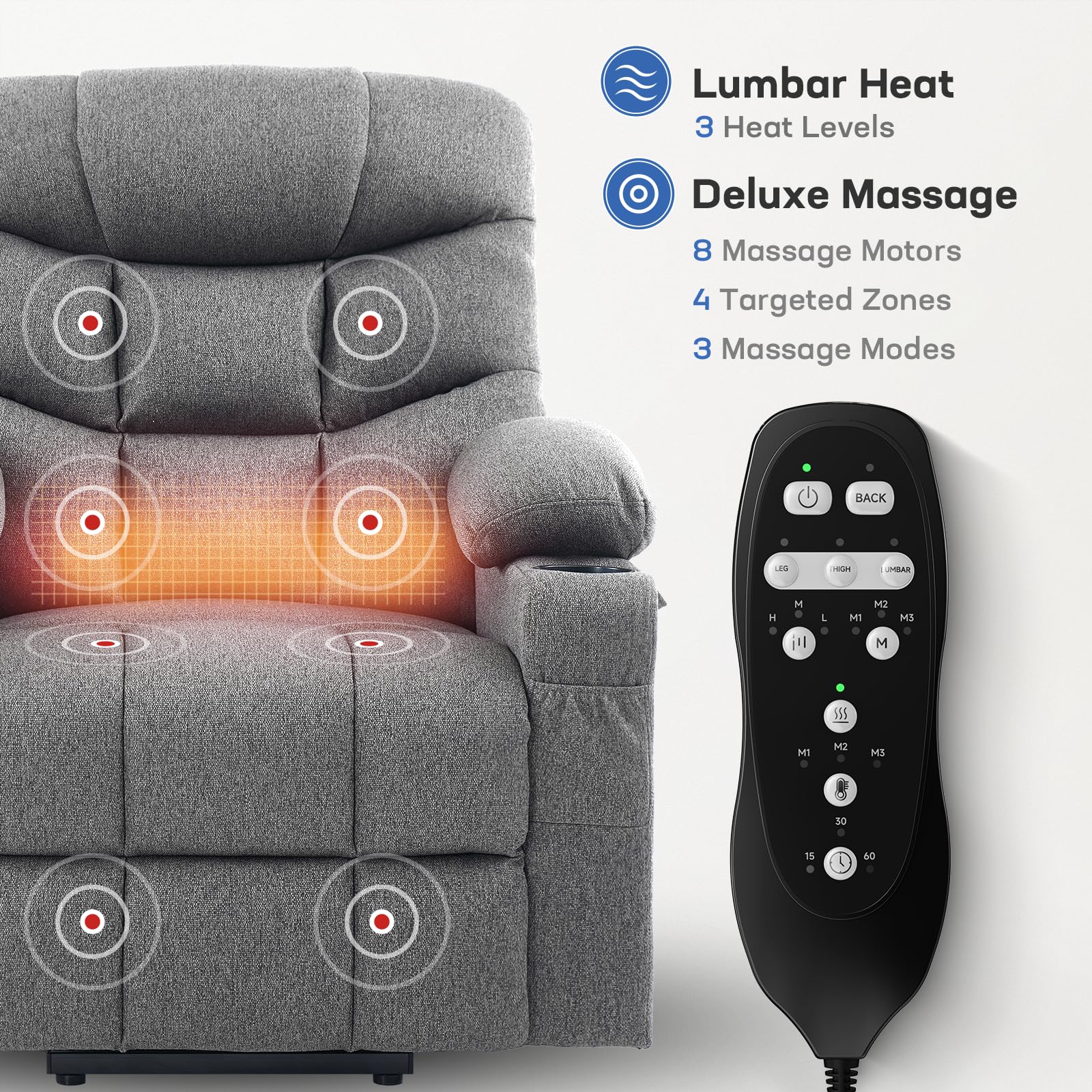 Tami Tami Dual Motor Power Lift Chair Recliner for Elderly with Massage and Heat, Infinite Position Electric Lift Recliner with USB A&C, Cup Holders (T6012 - Linen Fabric, Gray, Medium)