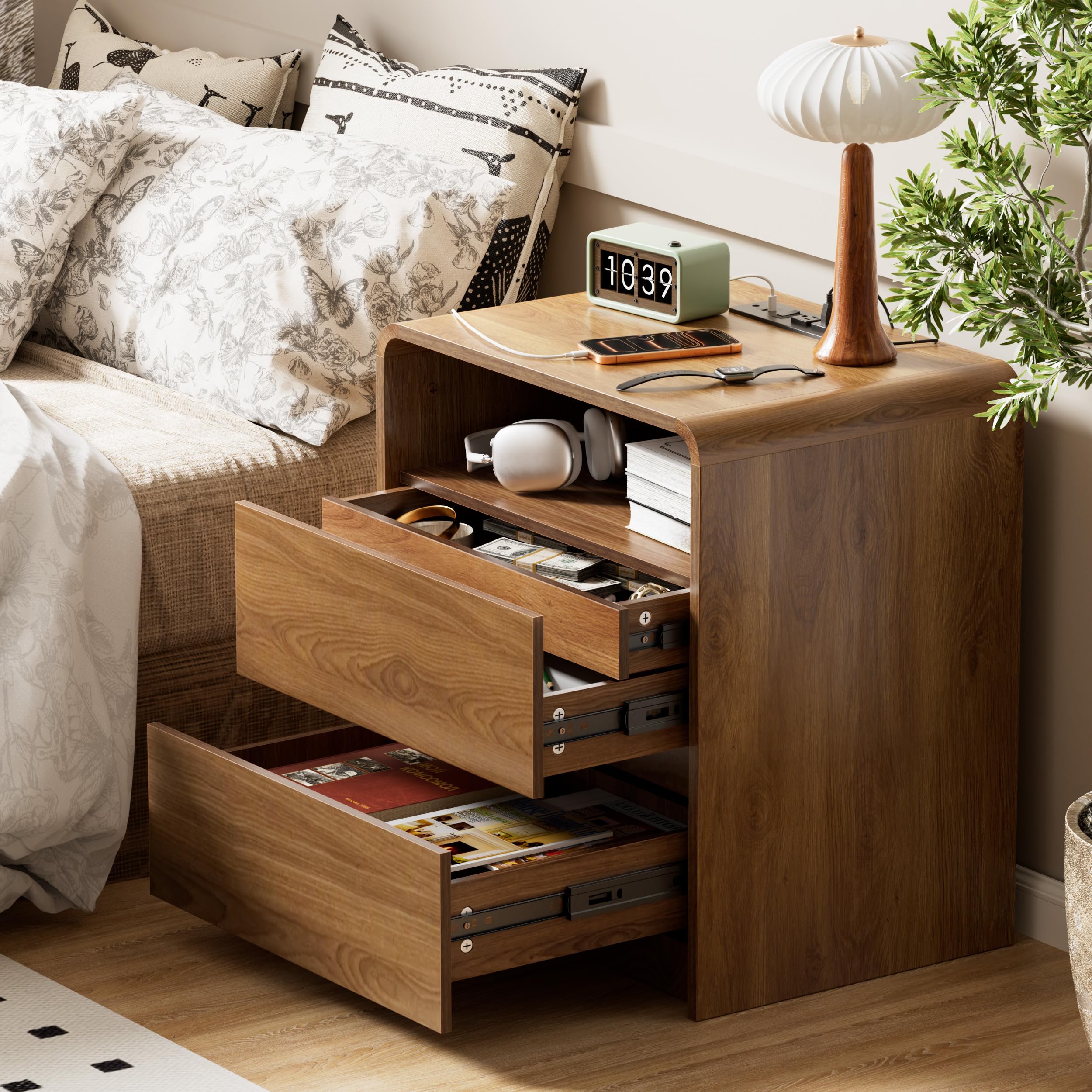Walnut Nightstand with Hidden Drawer & Charging Station