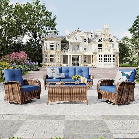 Wicker Patio Conversation Set with Swivel Chairs & Ottomans