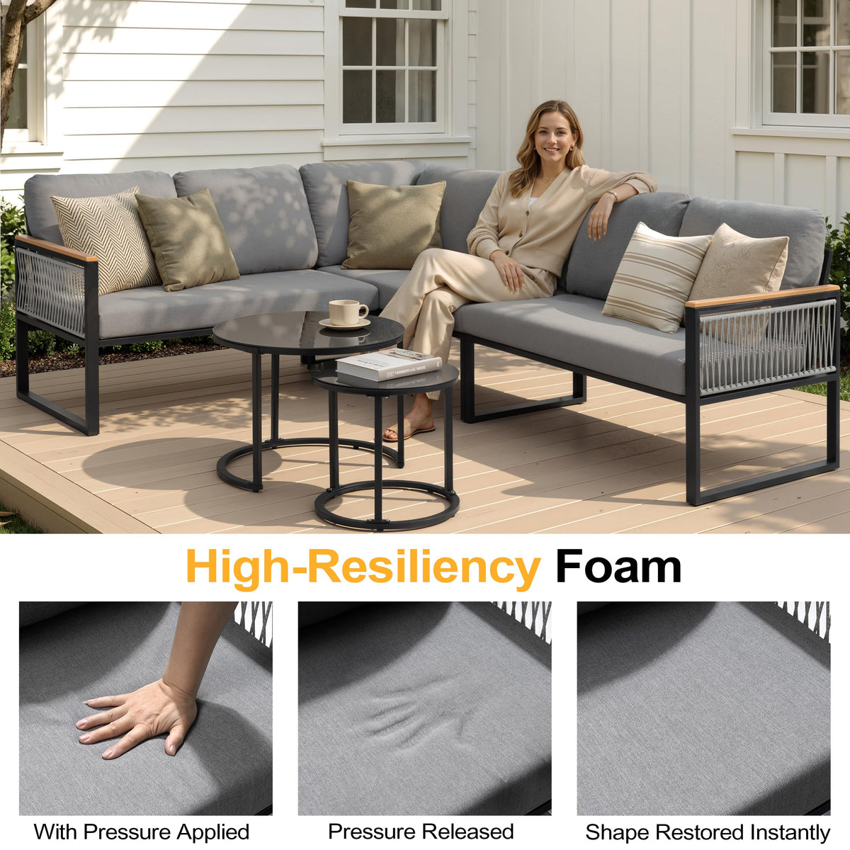 7 Piece L-Shaped Outdoor Sectional Wicker Sofa with Nesting Coffee Table