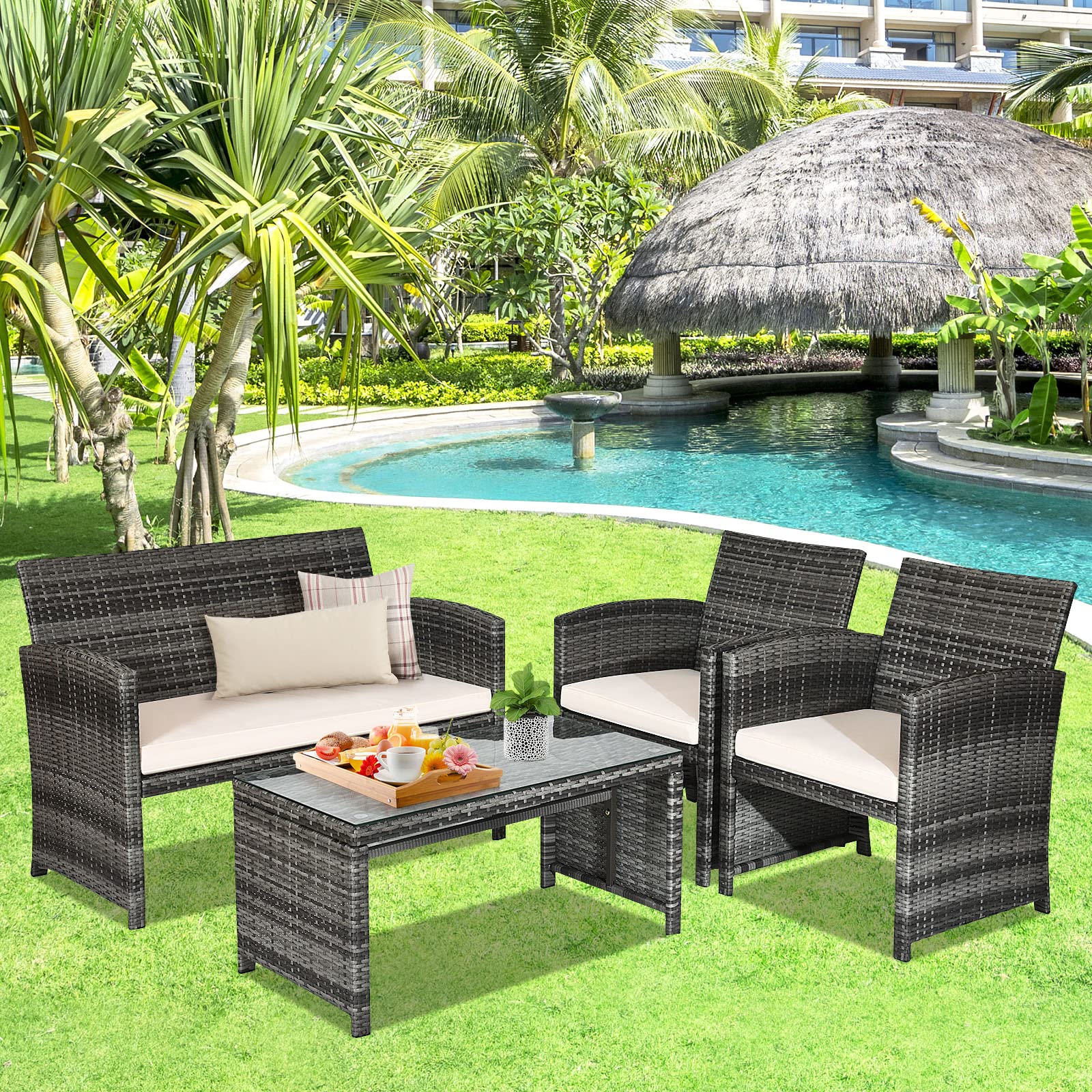4-Piece Outdoor Rattan Patio Conversation Set