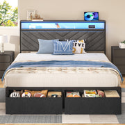 HISOFT Queen Bed Frame with Charging Station, LED Lights & 2 Storage Drawers, Grey Platform Bed with Upholstered Headboard, Under-Bed Storage, No Box Spring Needed, Easy Assembly, Strong Support