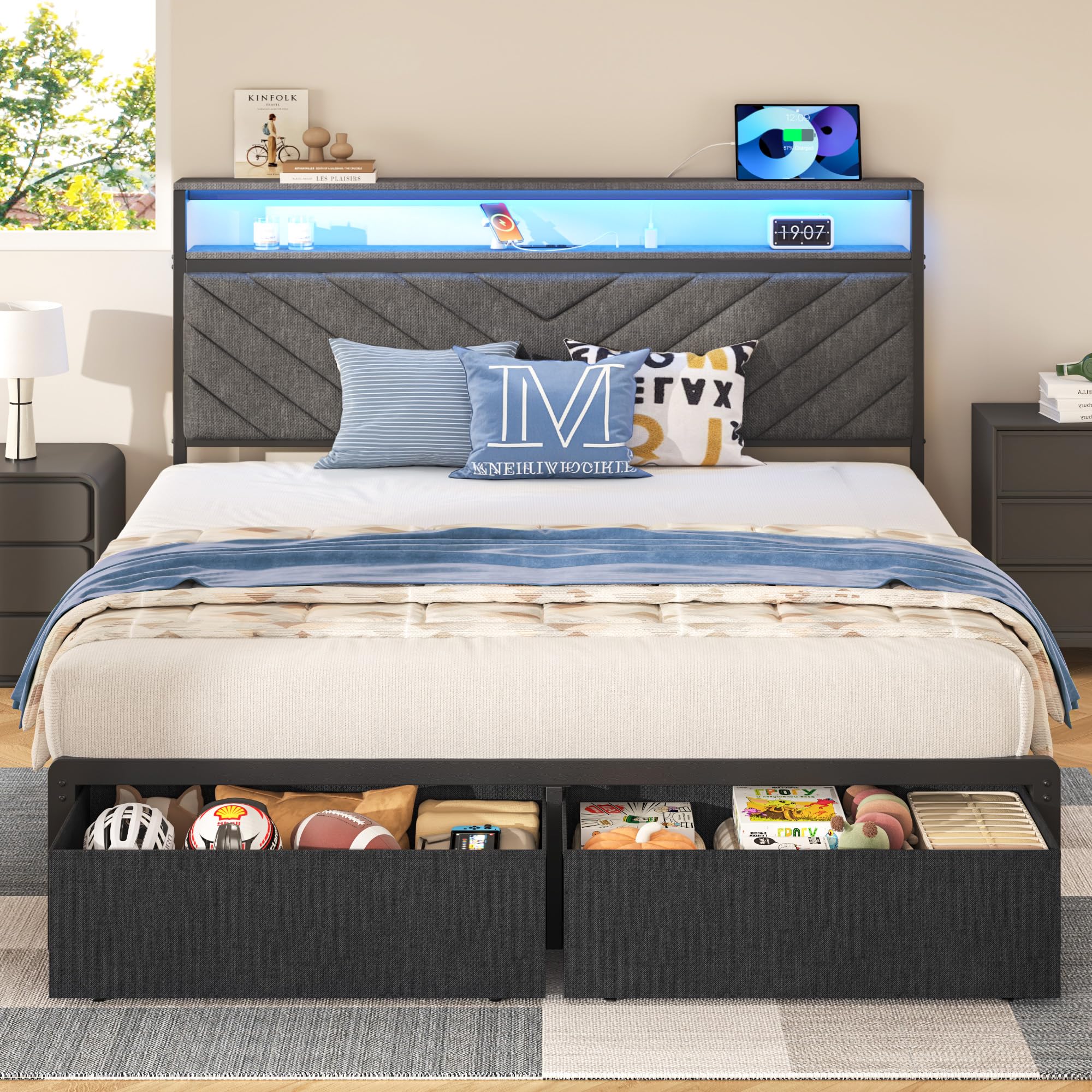 HISOFT Queen Bed Frame with Charging Station, LED Lights & 2 Storage Drawers, Grey Platform Bed with Upholstered Headboard, Under-Bed Storage, No Box Spring Needed, Easy Assembly, Strong Support