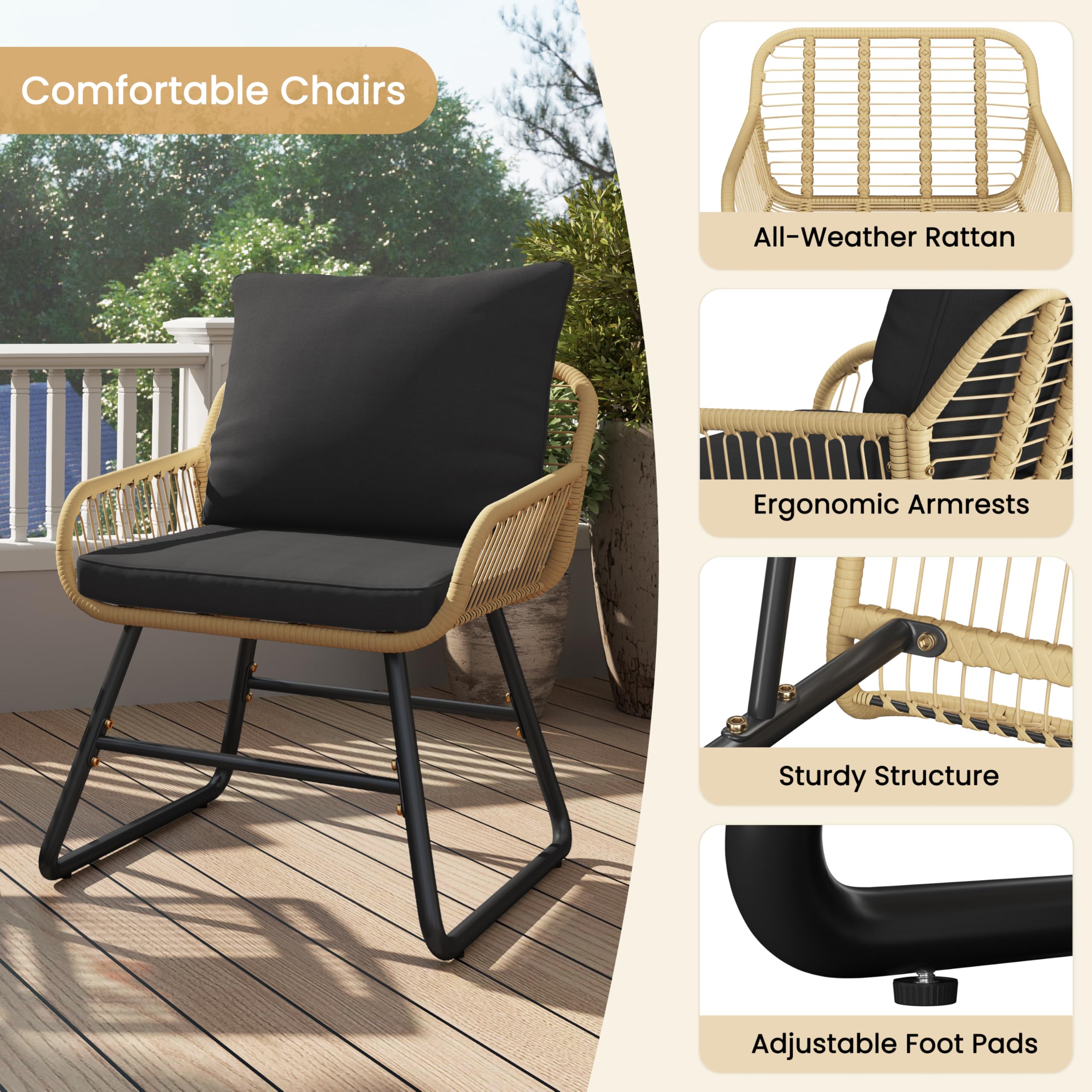 Yaheetech 3 Piece Patio Bistro Set Outdoor Wicker Bistro Furniture Sets, 2 Rattan Chairs and Glass Top Table for Patio, Balcony, Porch, Poolside, Backyard 3 PCS/Tan/Black