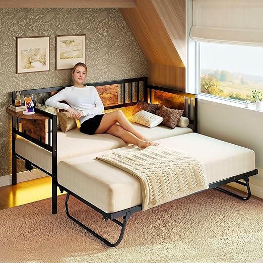 Twin Daybed with Trundle, LED Lights & Charging Station