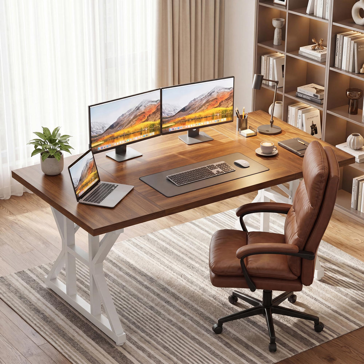 YOUDENOVA 71 Inch Executive Desk, Large Computer Office Desk Workstation with Thick Desktop & Heavy Duty Metal Legs, Modern Industrial Writing Study Table for Home Office (Deep Brown/White)