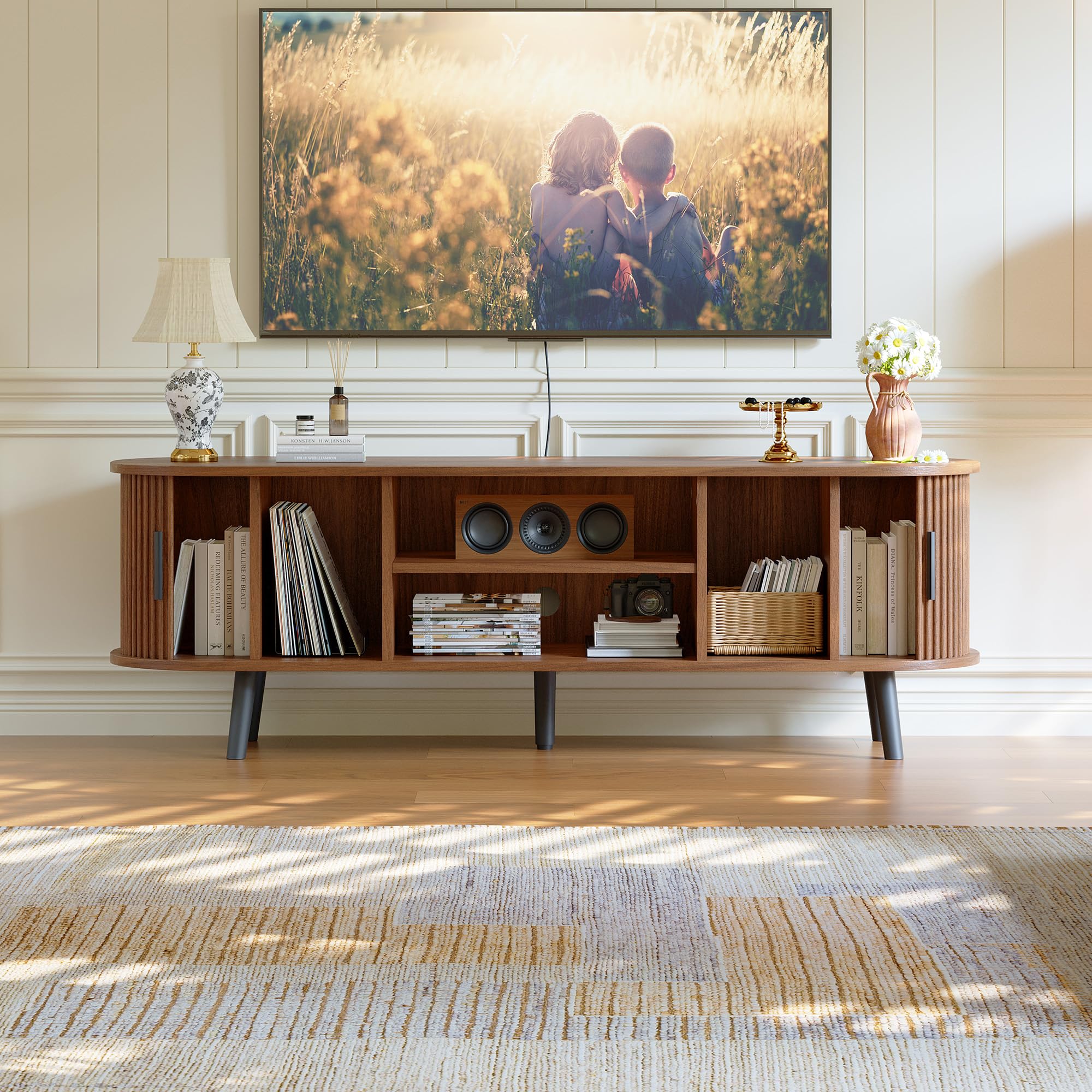 Mid-Century Modern TV Stand with Fluted Sliding Doors