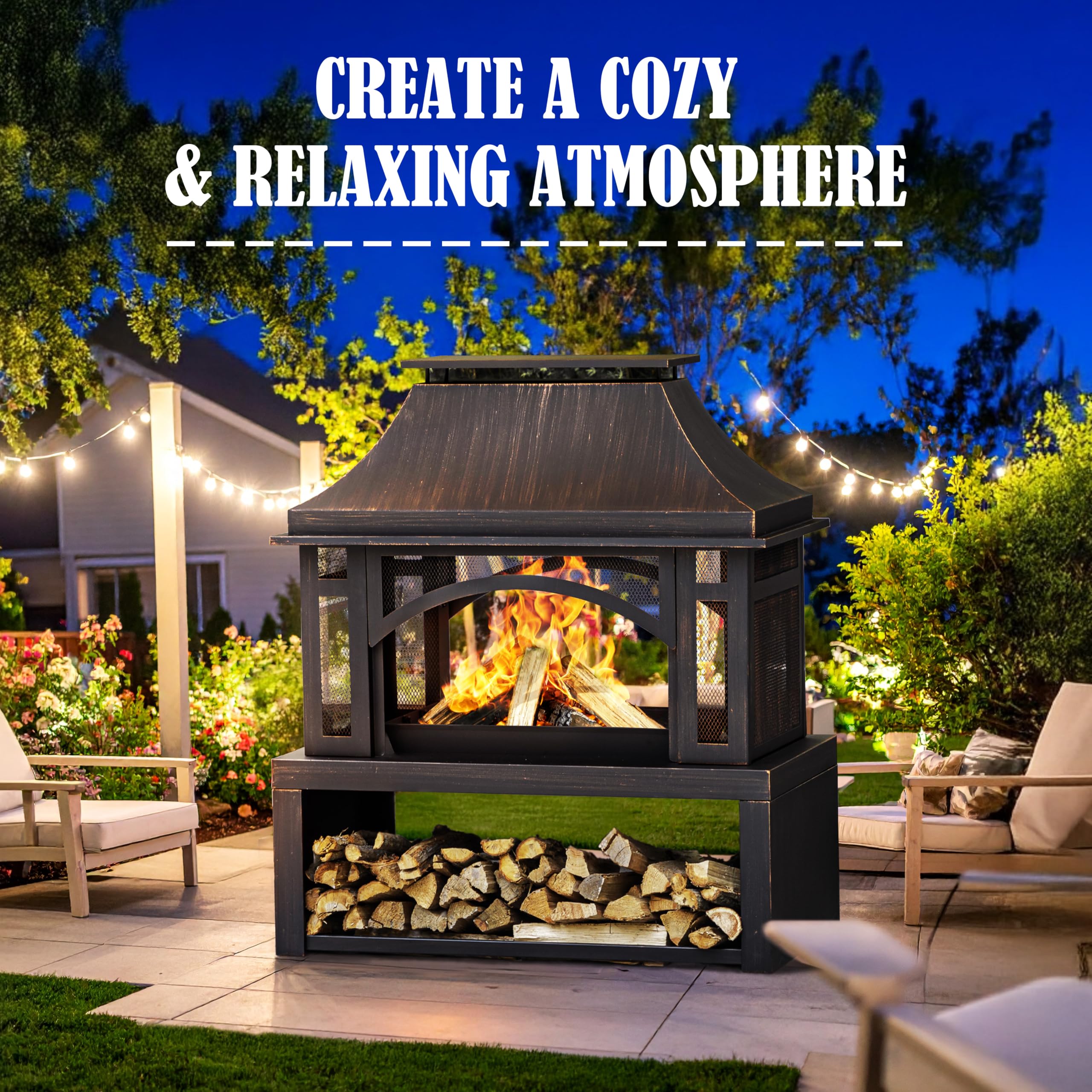 Steel Chiminea Outdoor Wood Burning Fire Pit with Chimney