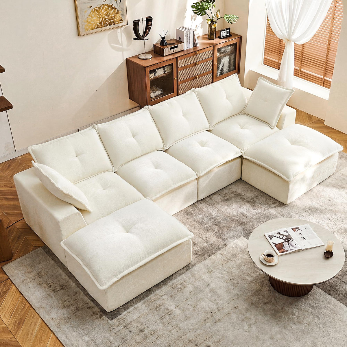 124" Cloud Couch Modular Sectional Sofa for Living Room, U-Shape Boneless Couch with Deep Seat, Modern 6-Seater with Ottoman, for Living Room, Bedroom, Office, No Assembly Required, Beige