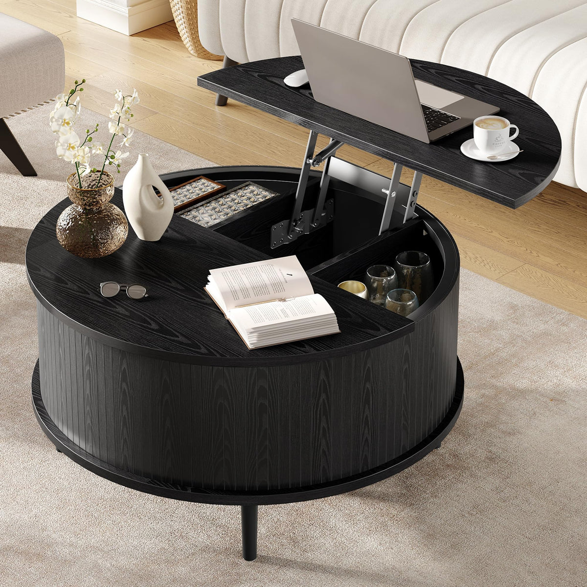 Garvee Round Coffee Table with Storage, 31.5" Lift Top Center Table, Black