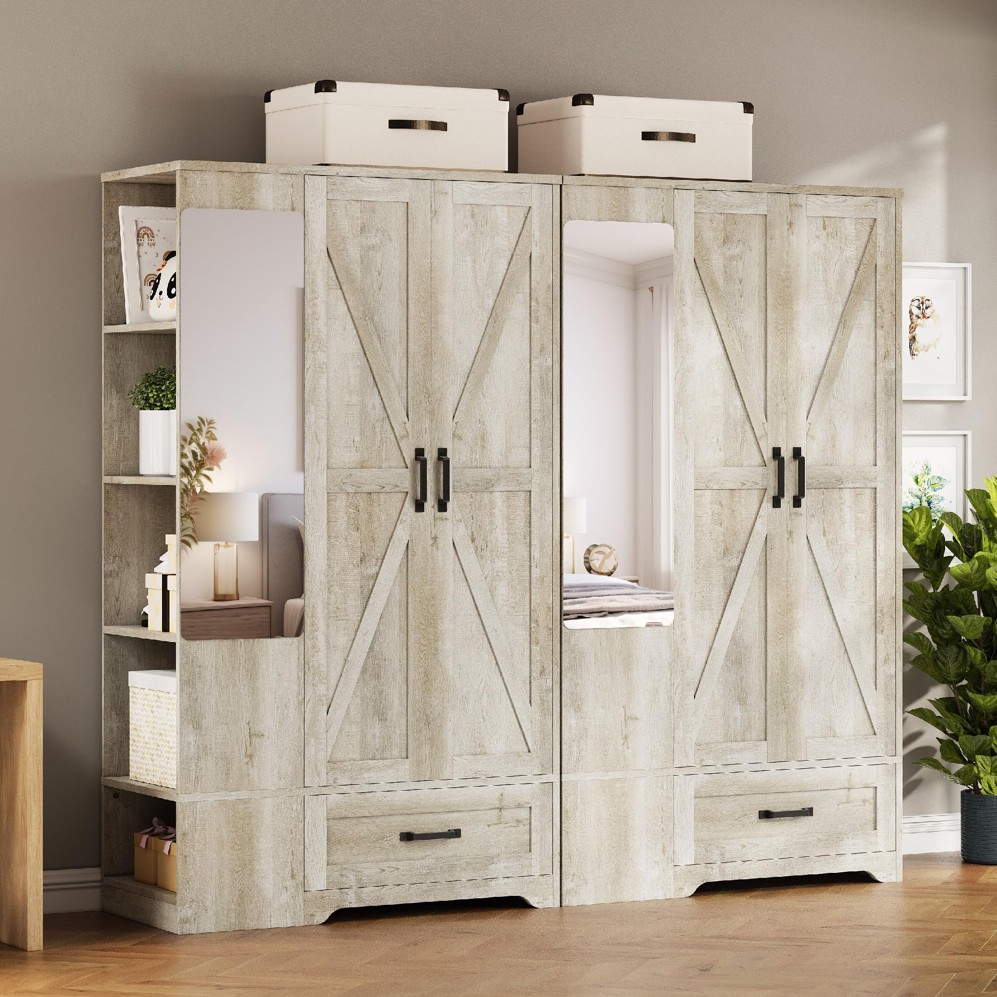 Wardrobe Closet with Mirror, Doors & Shelves