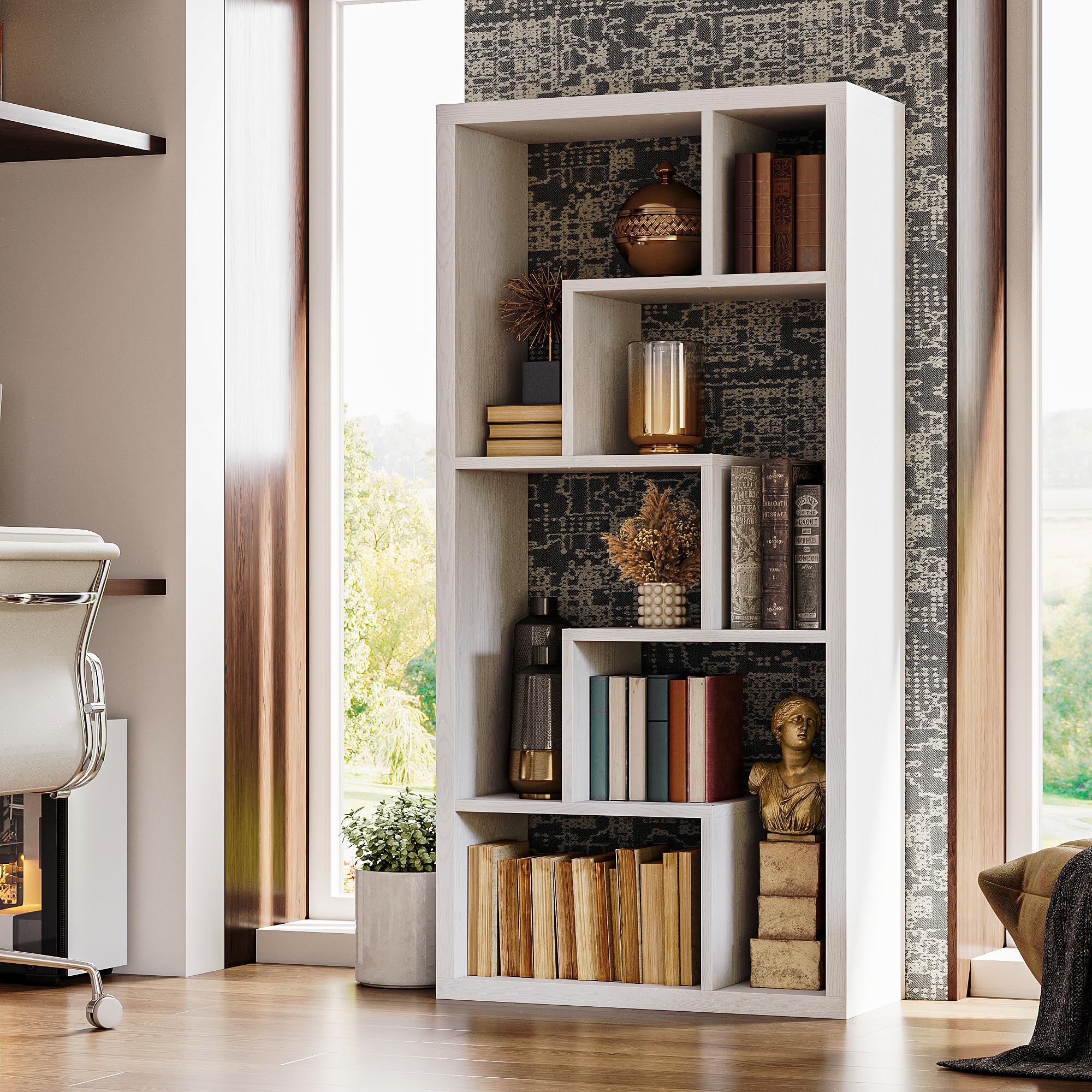 Geometric Bookcase 6-Shelf Industrial White