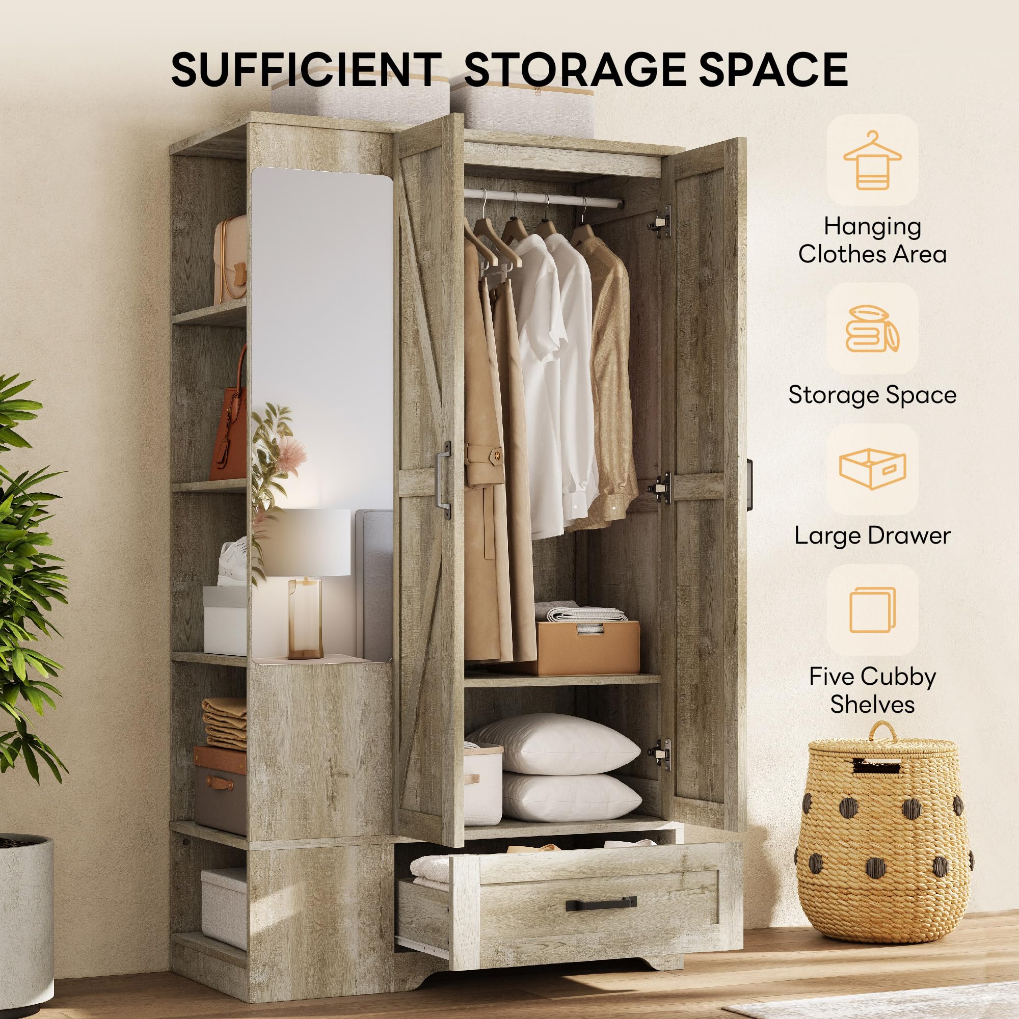 Wardrobe Closet with Mirror, Doors & Shelves