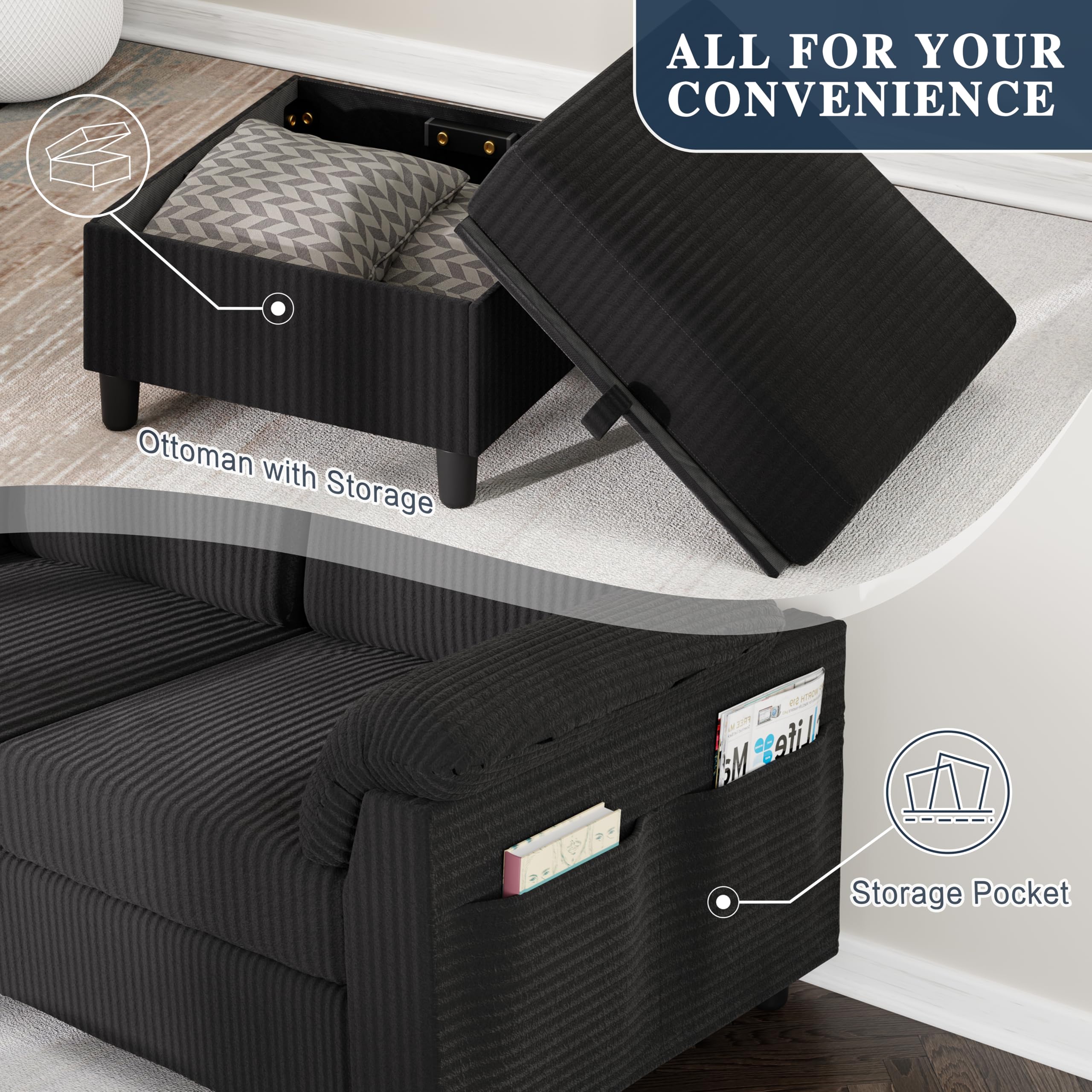 L-Shaped Sectional Sofa with Ottoman & Storage