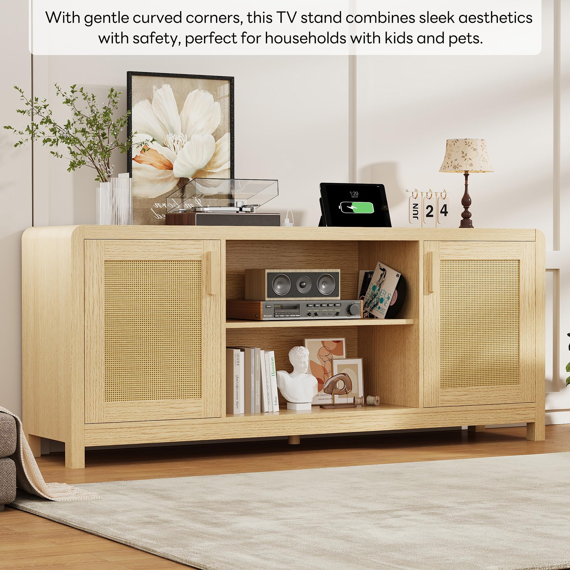 TV Stand with Power Outlet & Rattan Doors – Fits TVs up to 65"