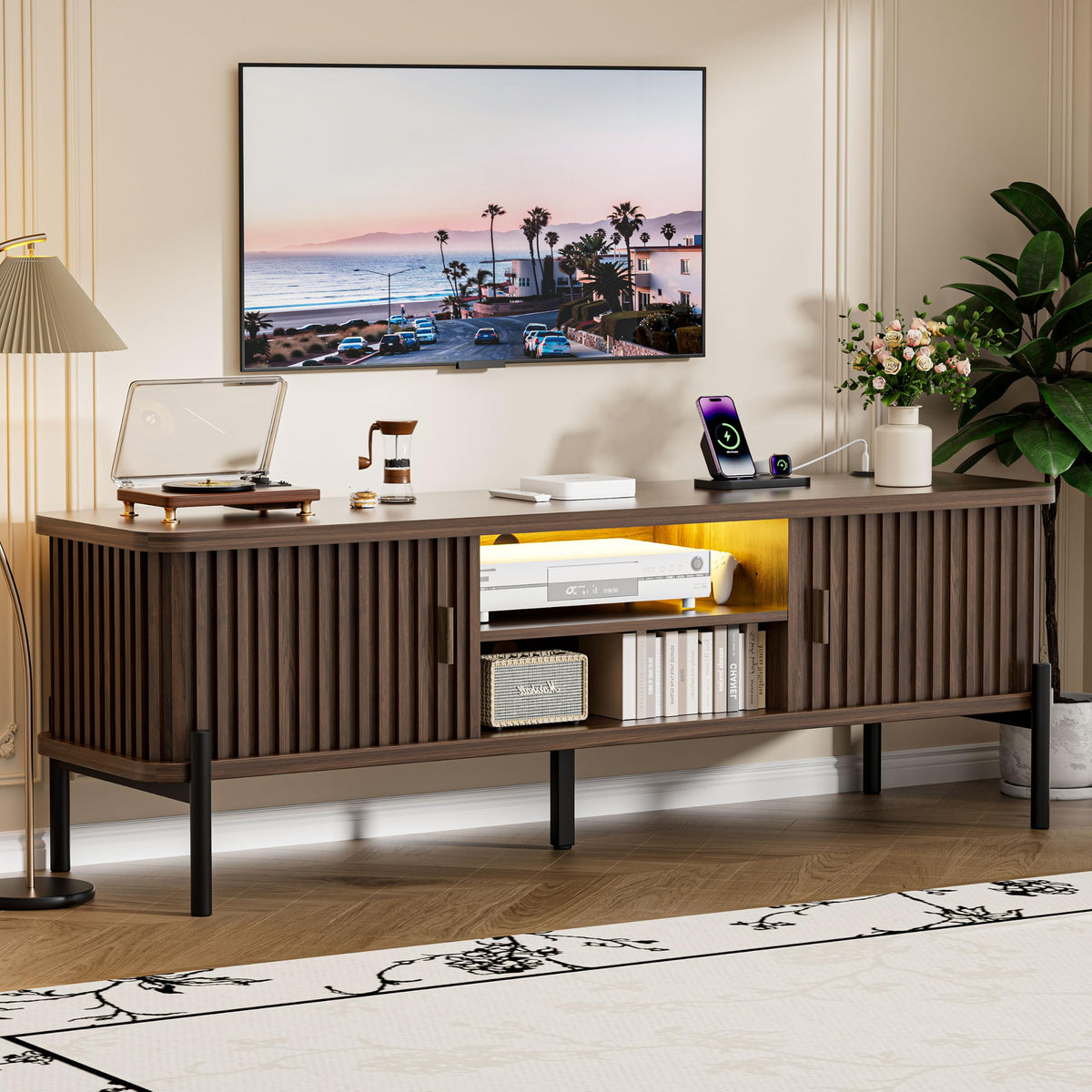 Mid Century TV Stand for TVs up to 80 Inches, Modern Fluted Entertainment Center with Sliding Tambour Doors, Smart LED Lights, Adjustable Shelves and Storage, TV Console for Living Room, Walnut