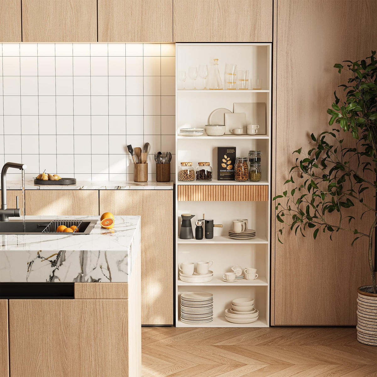 White 7-Tier Bookshelf with Drawer