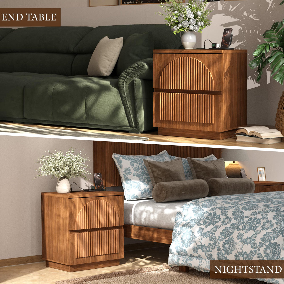 Yechen Fluted Nightstand with Charging Station, 2 Drawers, Walnut