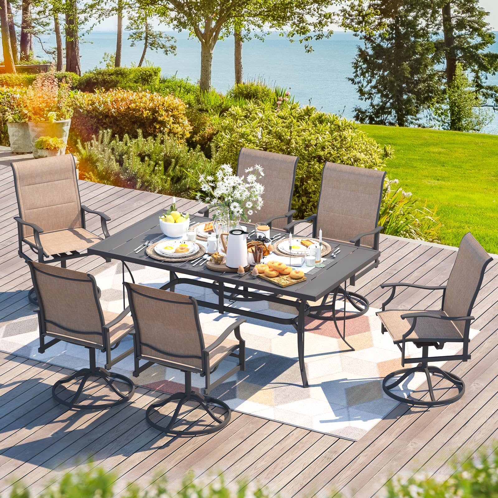 BUPPLEE Outdoor Patio Dining Set with 6 Swivel Chairs, Metal Table with Umbrella Hole, 7-Piece Patio Table and Chairs for Backyard, Poolside, Balcony and Garden (Brown)