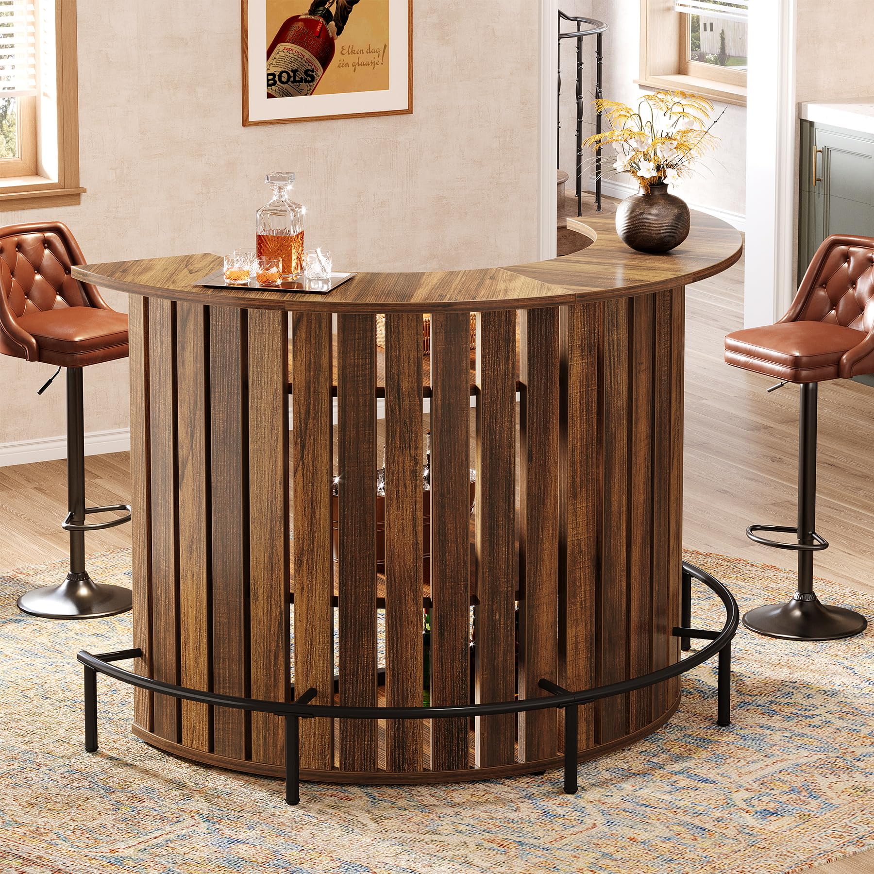 Tribesigns 4-Tier Bar Table, 47.24" Mini Home Bar Table with Footrest, Arc-Shaped Modern Bar Cabinet for Home, Living Room, Rustic Brown