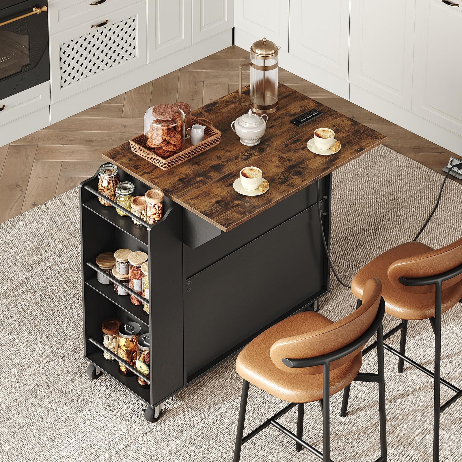 Rolling Kitchen Island with Drop Leaf & Power Outlets