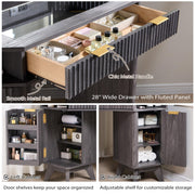 T4TREAM Fluted Makeup Vanity Desk with 3 Way Mirror and Lights, 48" Large Corner Vanity Table with Glass Top, Charging Station, 3 Drawers, Storage Cabinets & Shelves, for Bedroom, Dark Alder