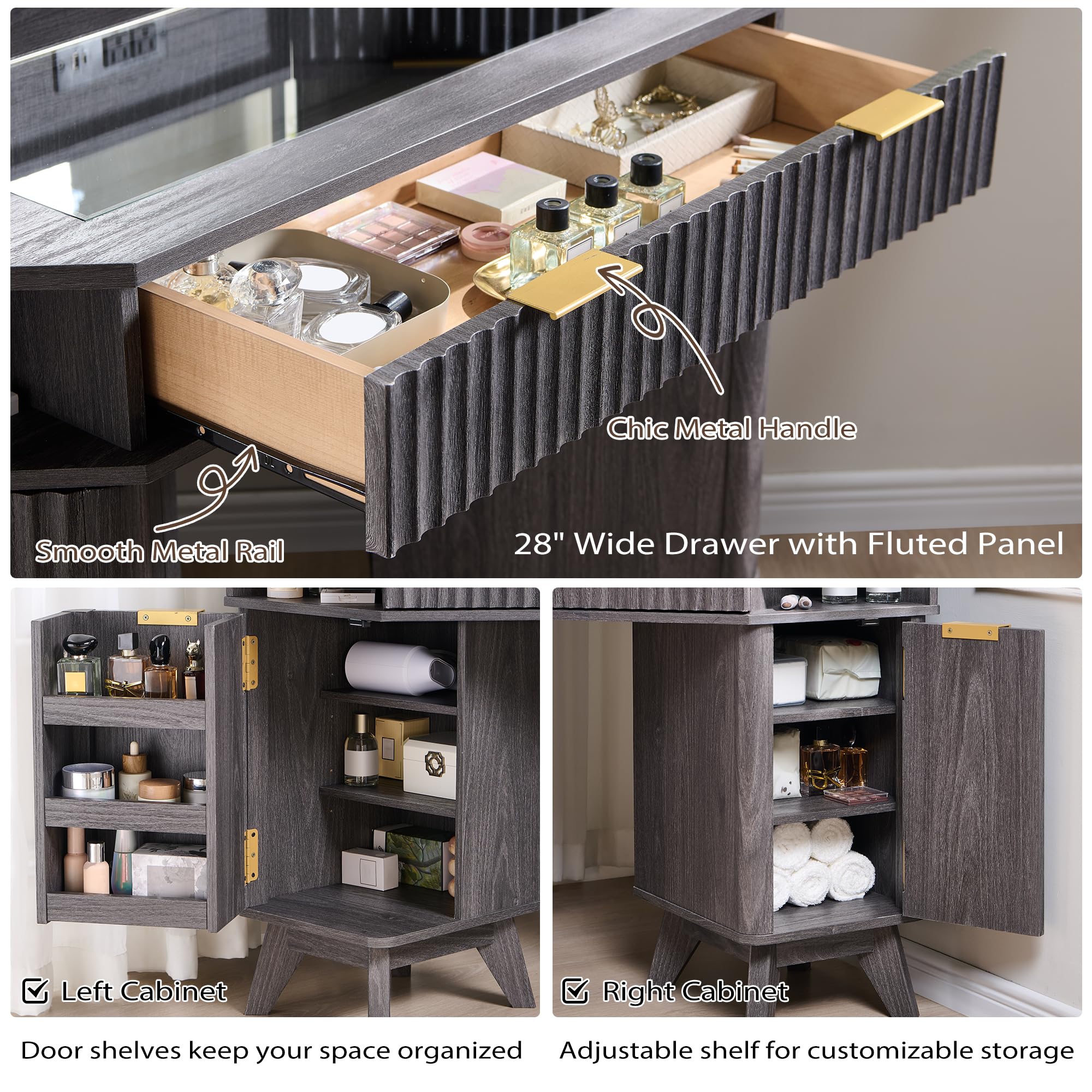T4TREAM Fluted Makeup Vanity Desk with 3 Way Mirror and Lights, 48" Large Corner Vanity Table with Glass Top, Charging Station, 3 Drawers, Storage Cabinets & Shelves, for Bedroom, Dark Alder