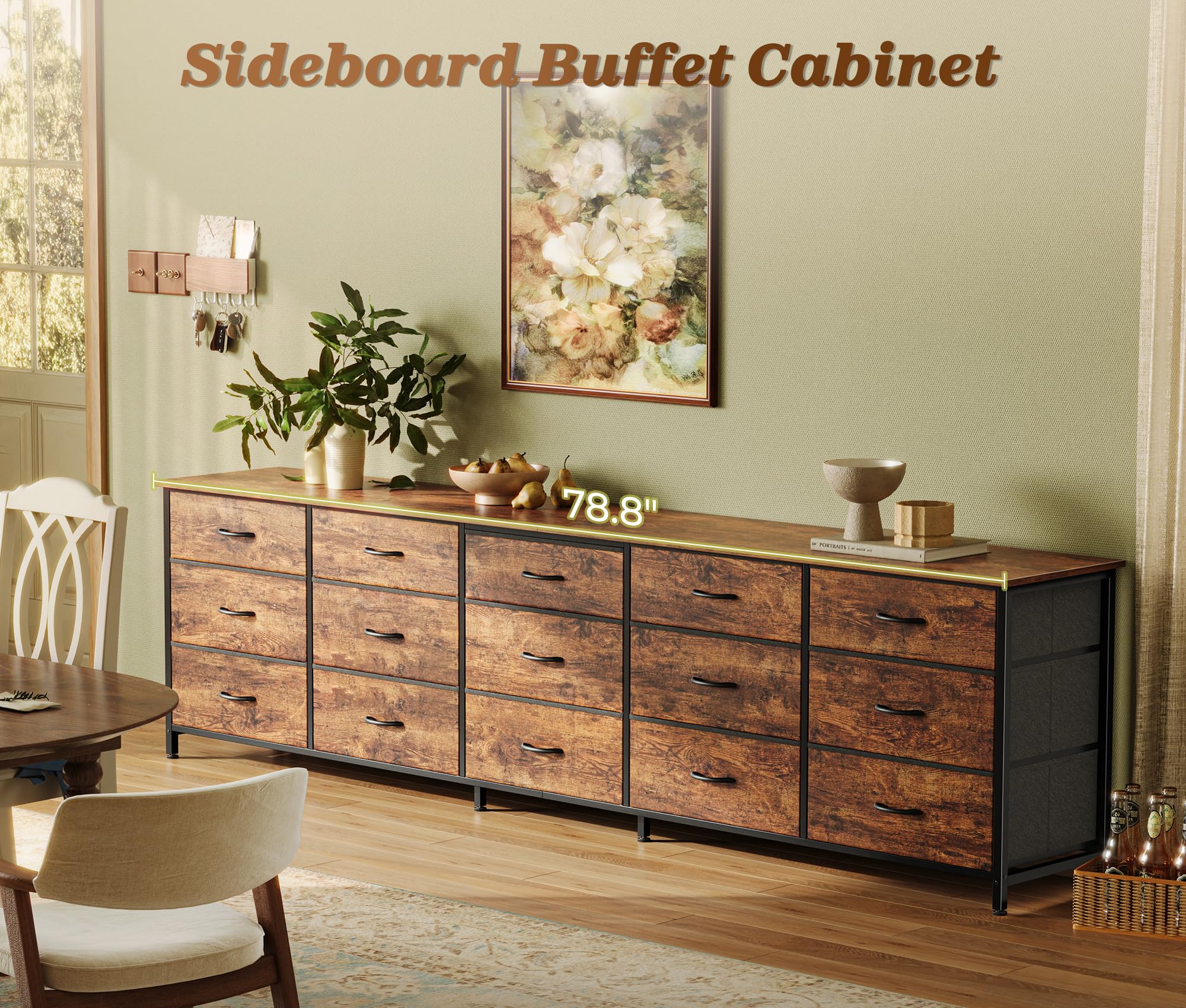 Huuger 78.7 inch Long Dresser for Bedroom, 15 Drawer Fabric Dresser for Closet, Large TV Stand for 65, 75, 85 inch TV, Wide Chest of Drawer with Storage, 78.7" W x 12.9" D x 26.7" H, Rustic Brown