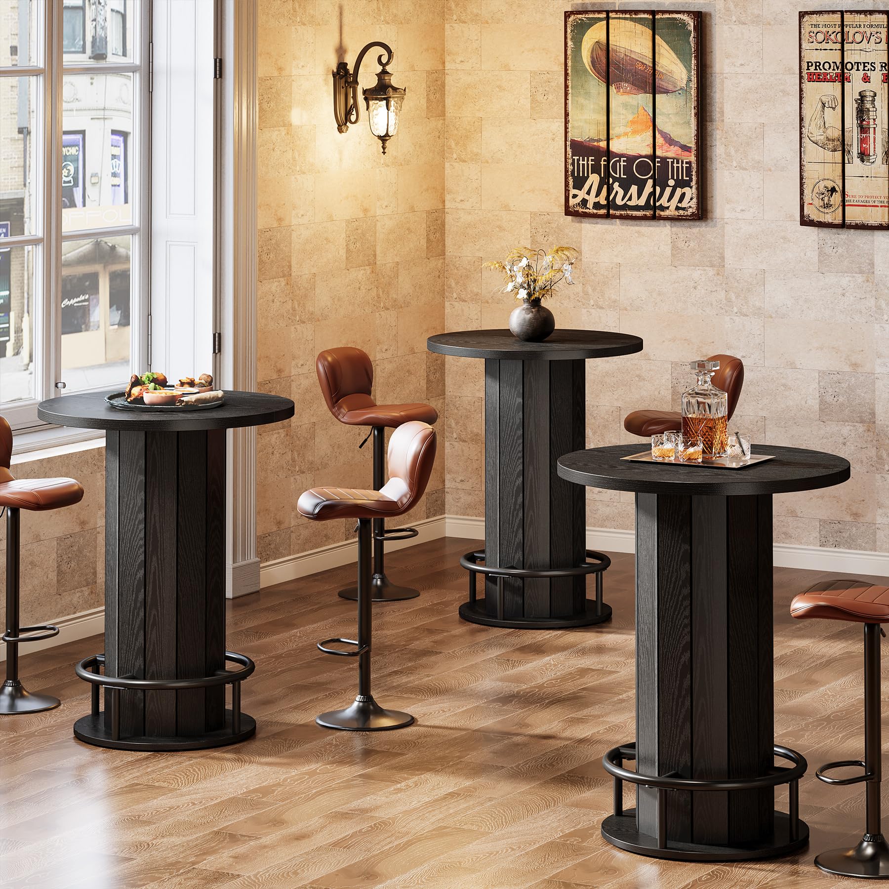 Farmhouse Round Bar Table with Metal Ring Footrest