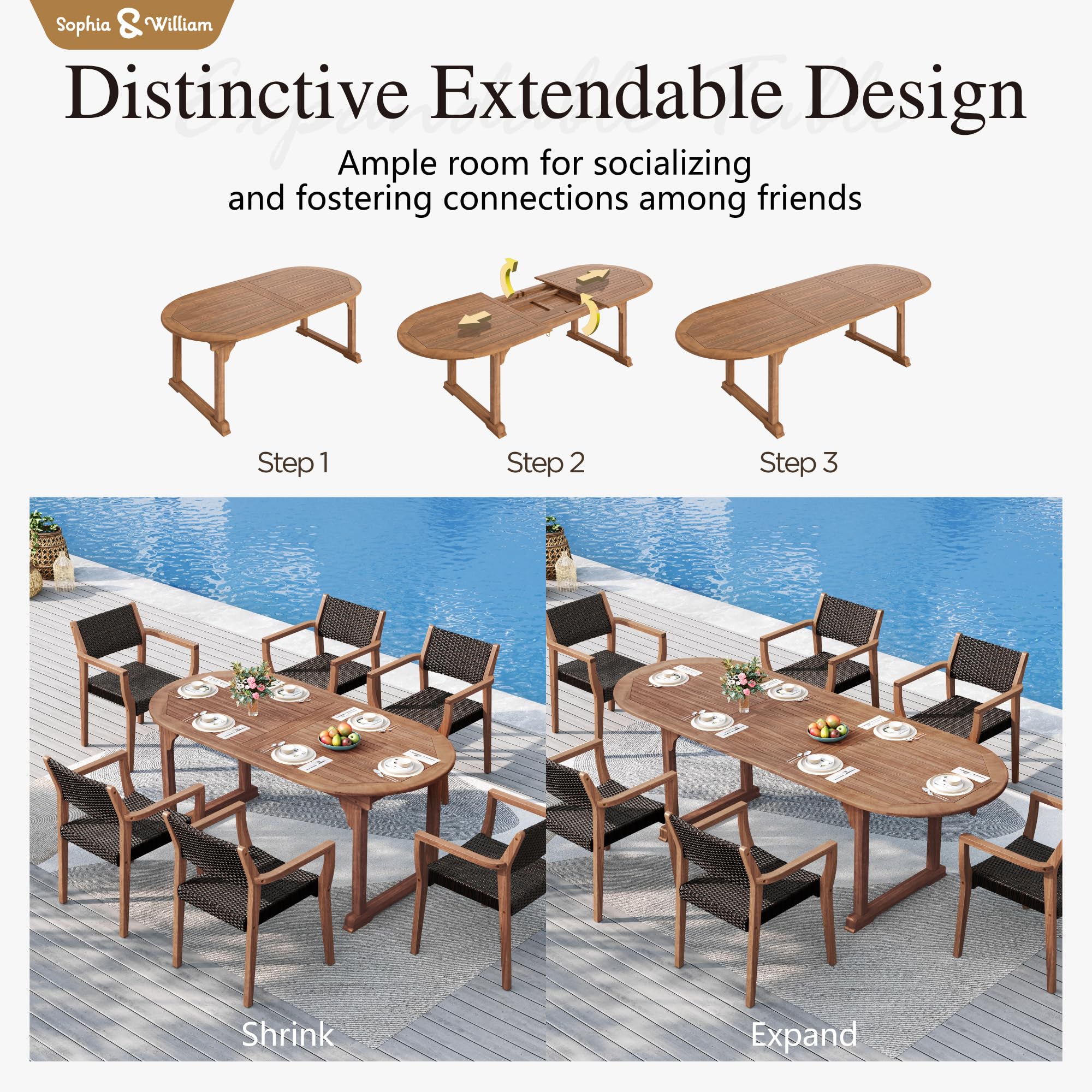 Expandable Acacia Wood Patio Dining Set with Rattan Chairs