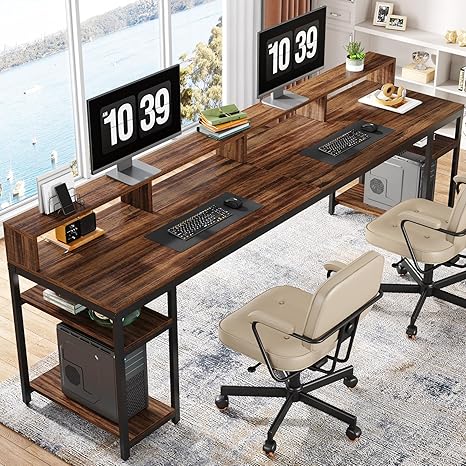 78.74" Double Desk with Monitor Stand & Storage Shelves