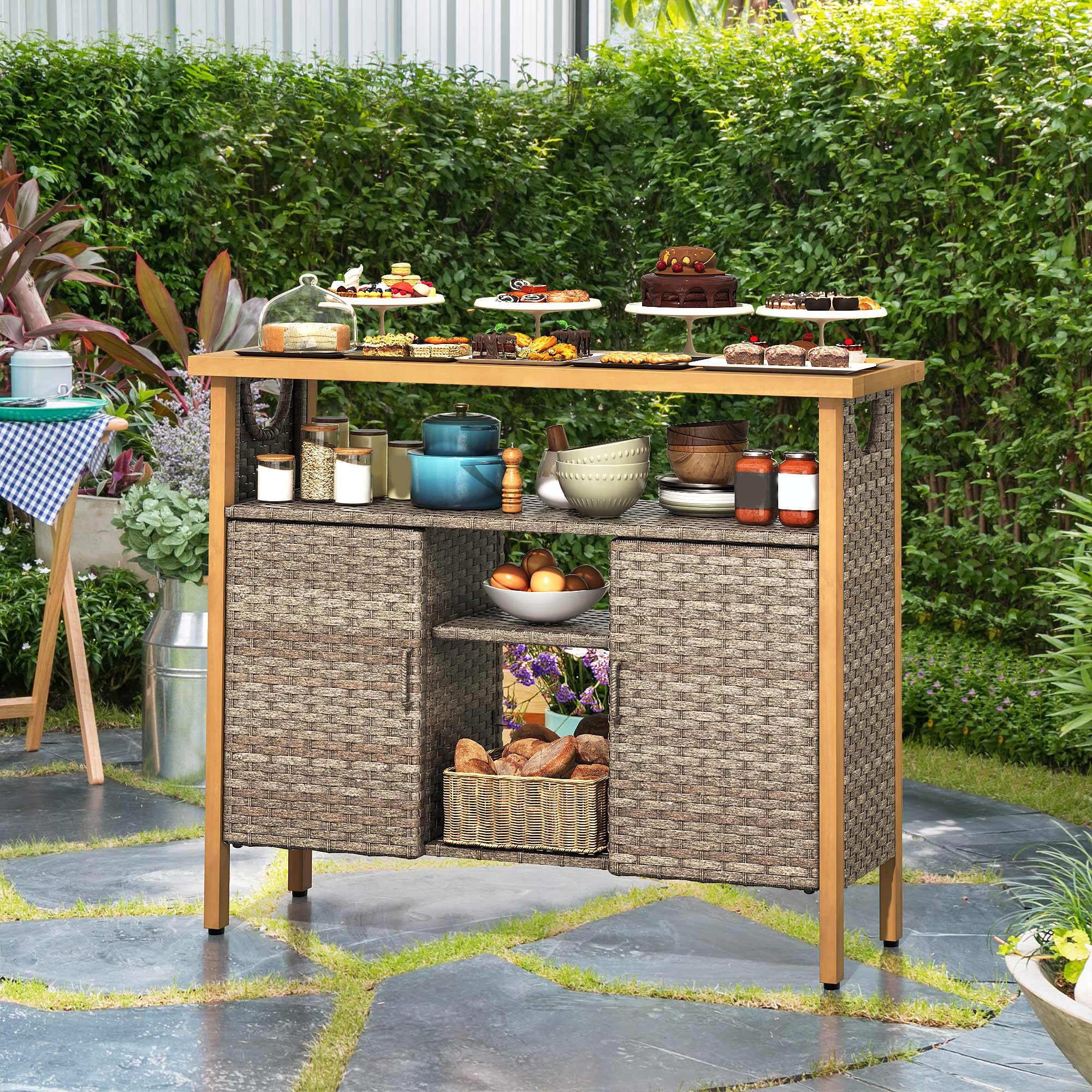 Outdoor Wicker Storage Cabinet with Adjustable Shelves
