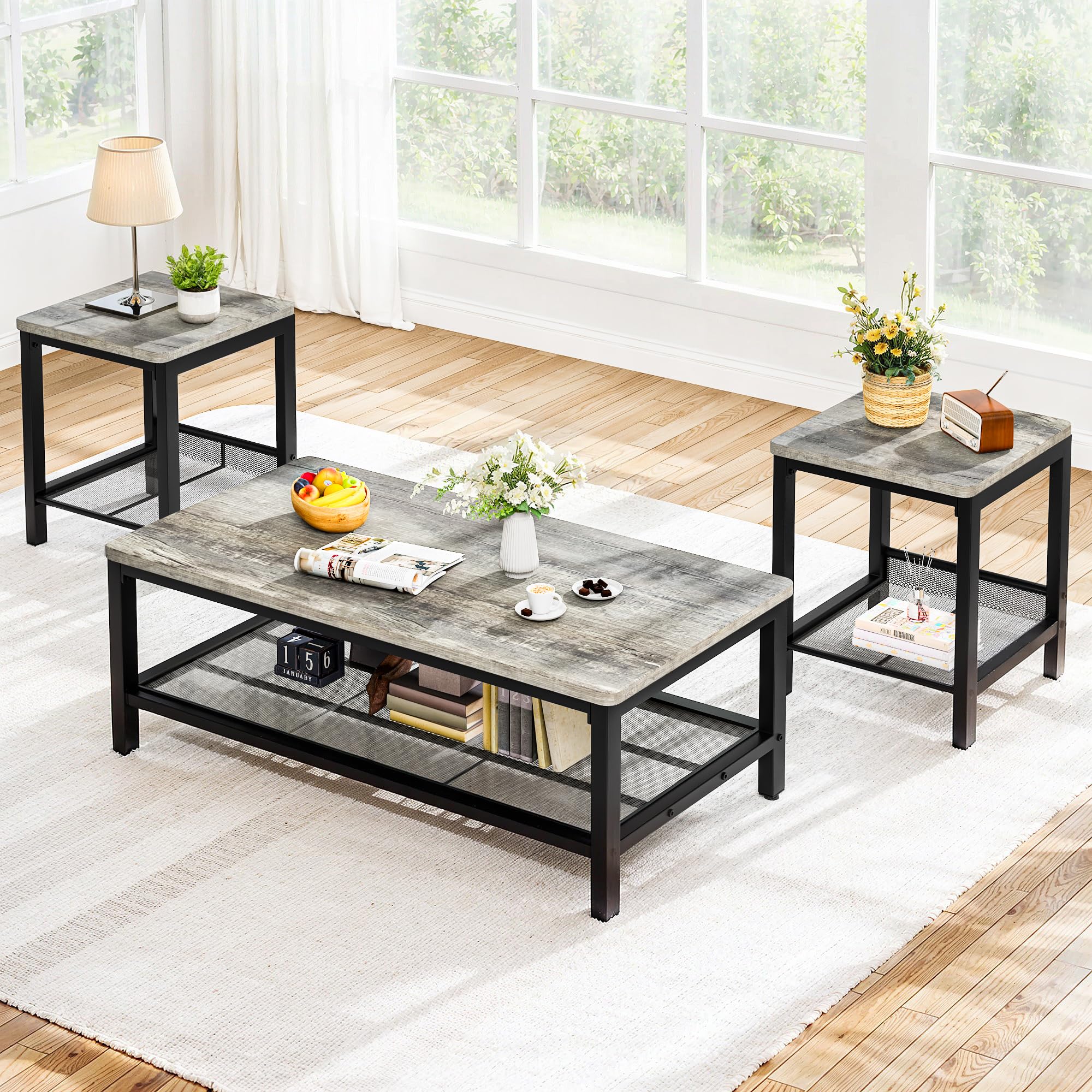 Industrial 3-Piece Coffee Table Set with 2 End Tables