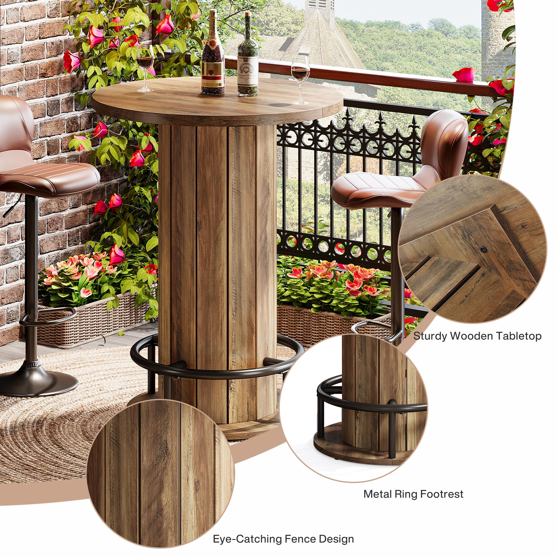 Round Farmhouse Bar Table with Footrest