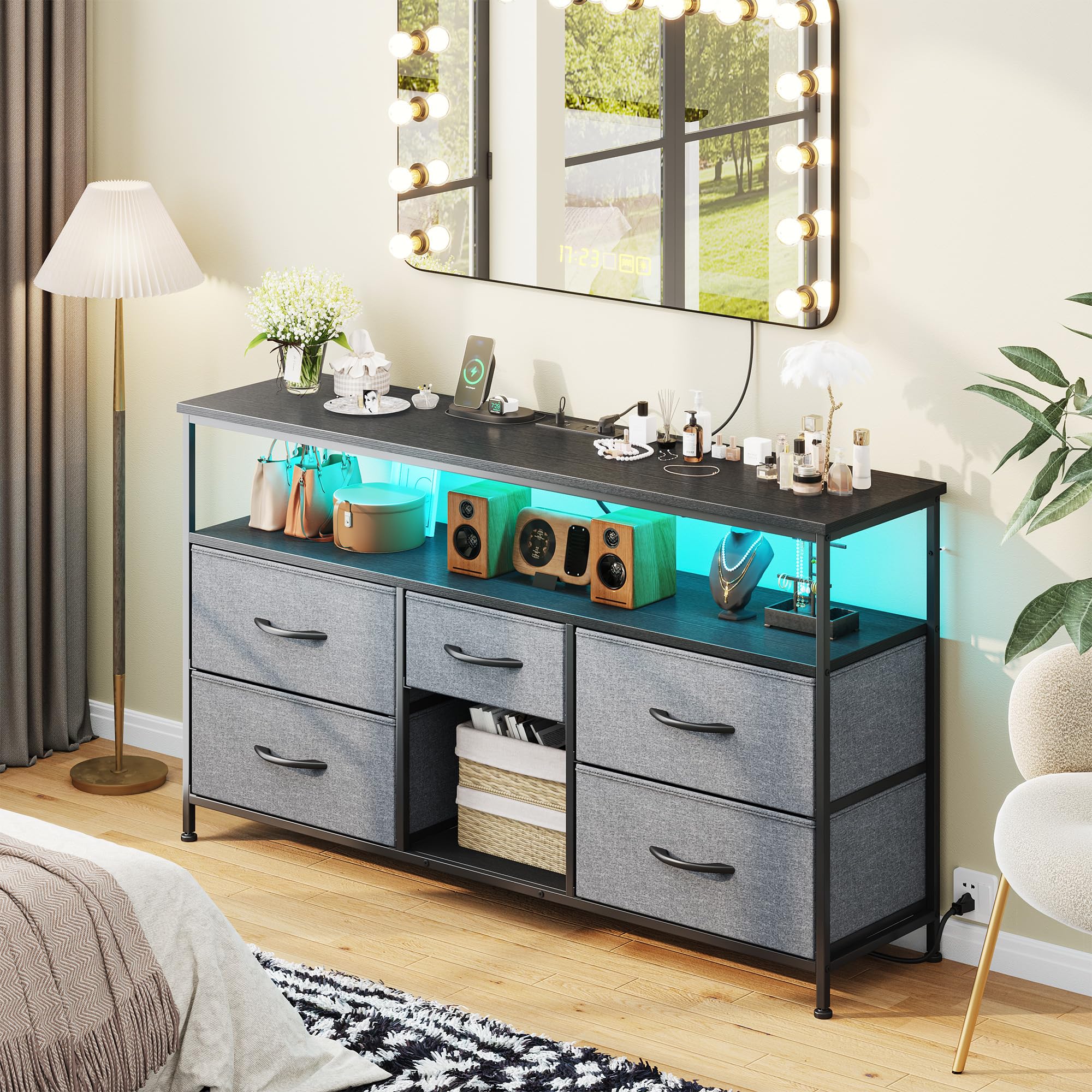 EnHomee TV Stand Dresser with LED Lights & Power Outlets, Entertainment Center for 50" Inch TV, 5 Drawers TV Stand for Bedroom Media Console with Shelves for Living Room, Sturdy Metal Frame, Grey