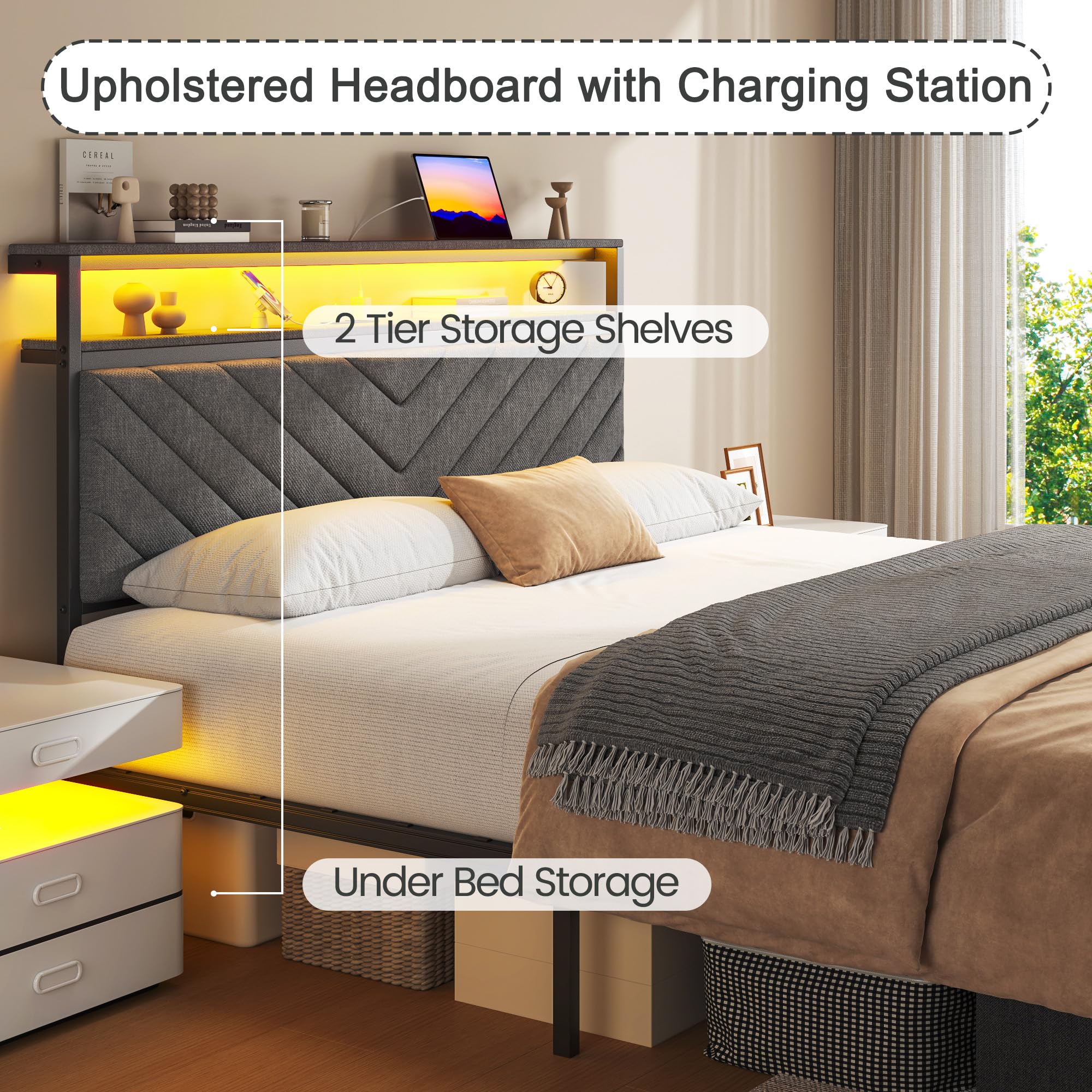 Upholstered Bed Frame with Storage Drawers, Charging Headboard & LED Lights