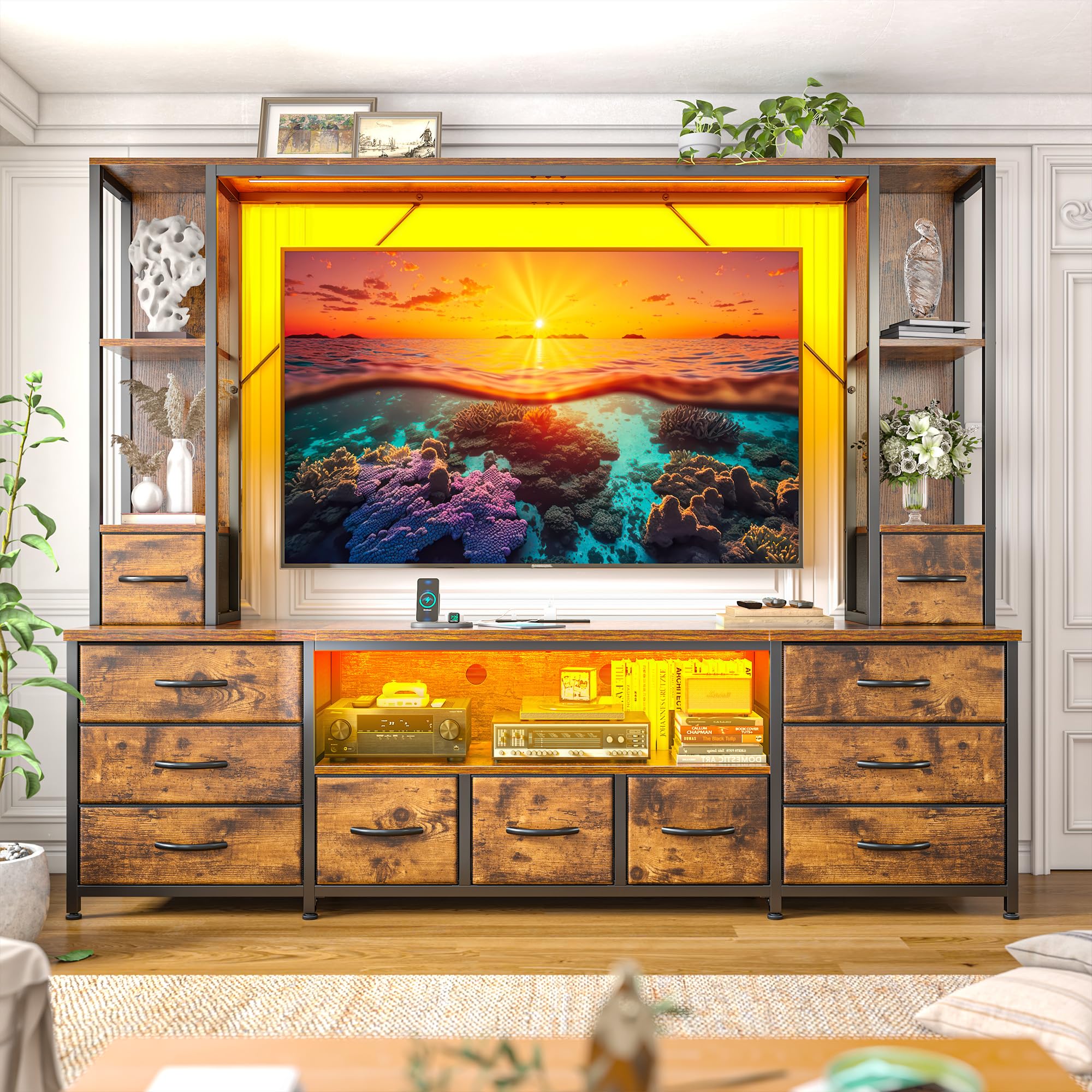 EnHomee 78.6" TV Stand for Living Room, Large Entertainment Center with 11 Fabric Drawers, 2 LED Lights & Power Outlets, Modern Dresser with Storage Shelves, Wall Unit for Bedroom, Brown
