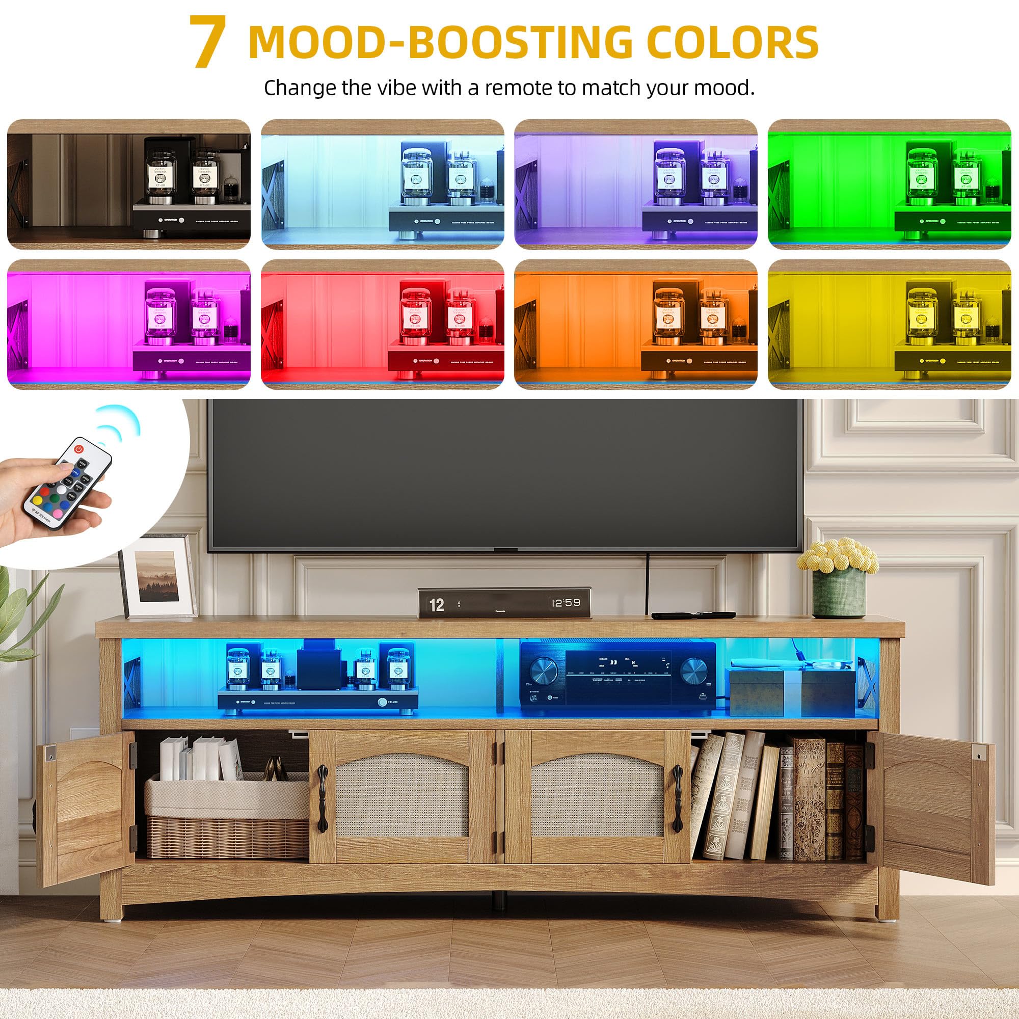 Farmhouse TV Stand with LED Lighting & Storage – 59" Oak