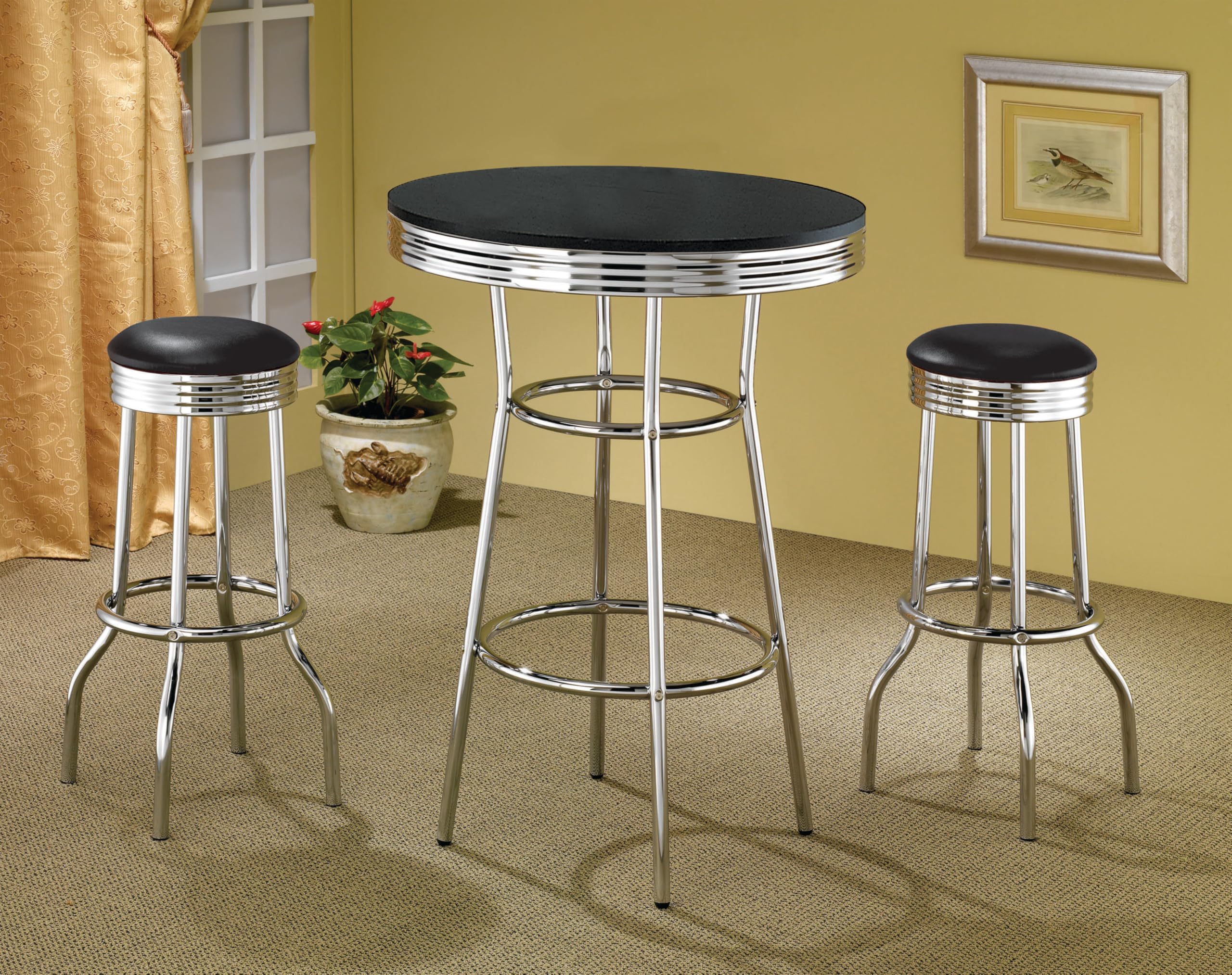 Coaster Home Furnishings - Retro 1950s - 3-Piece Bar Set - Metal & Laminate - Round Table, Swivel Bar Stools, Chrome Table Legs - Home Bar Furniture, Dining Room and Kitchen - Black & Chrome - 2405-S3