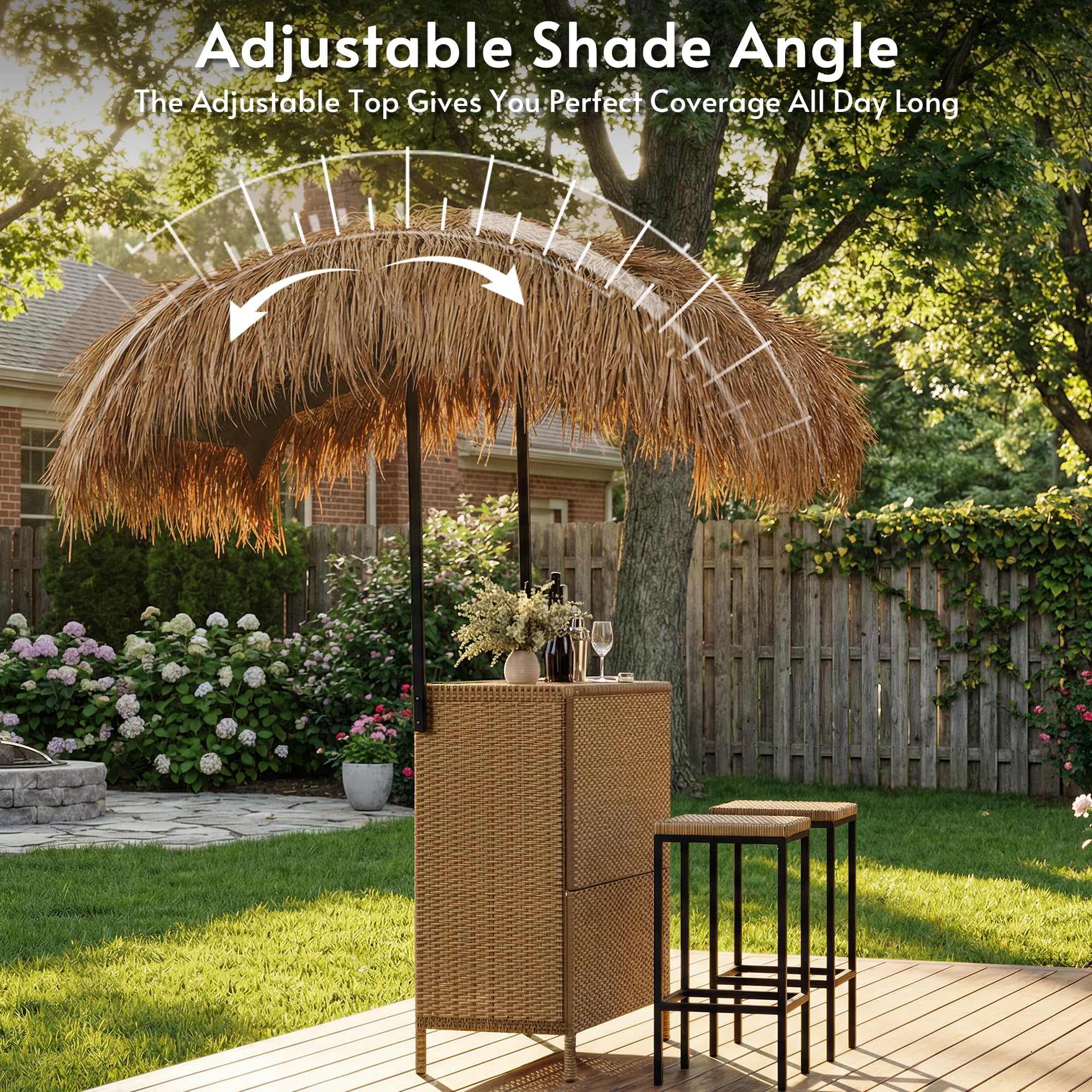 Rotihom Outdoor Tiki Bar Set with Widen Hula Thatched Shade(48" L), 3-Piece Wicker Outside Tiki Bars with 2 Stools, Hawaiian Style Beach Outside Bars for Patio, Garden, Poolside, Backyard