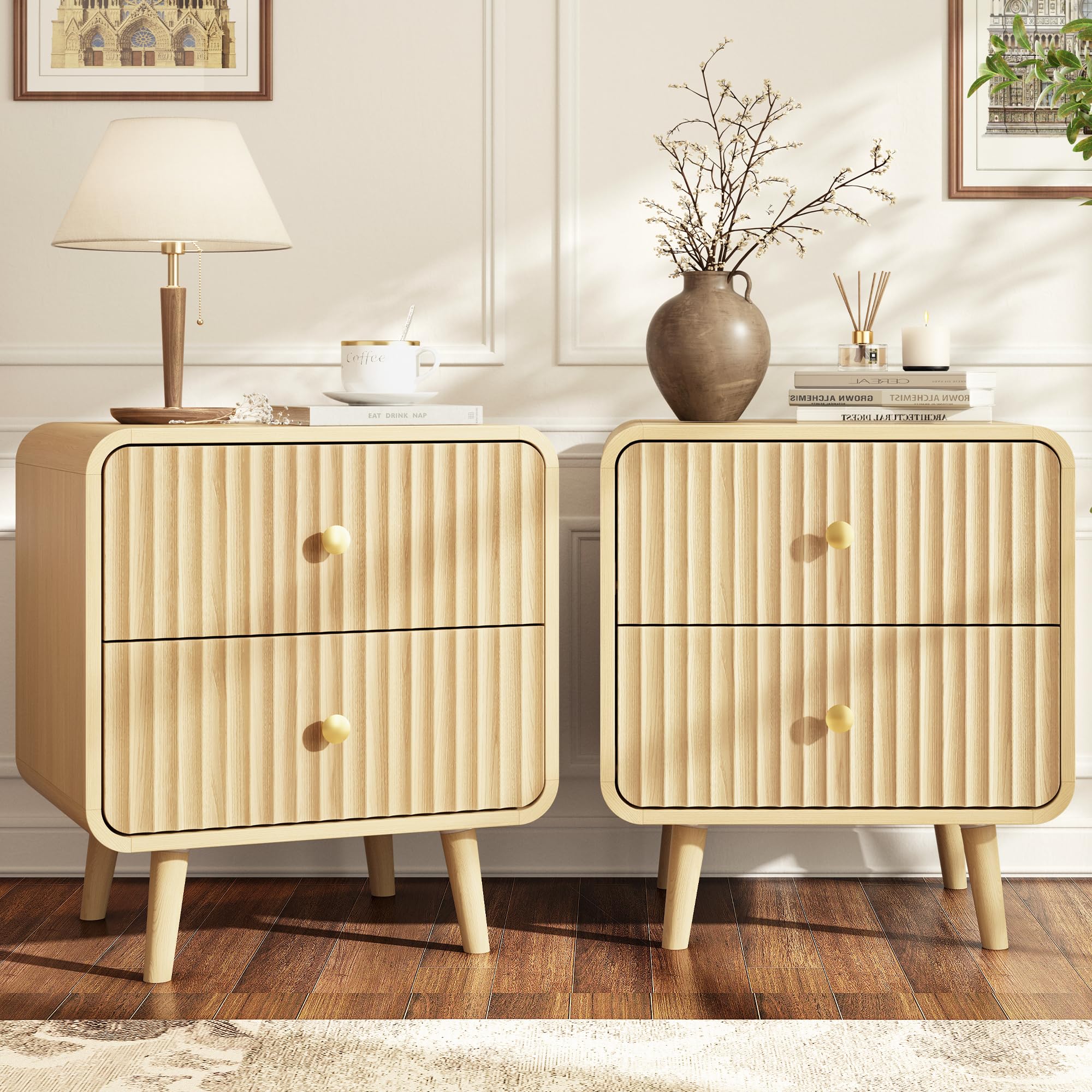 Fluted Nightstand with 2 Drawers – Oak