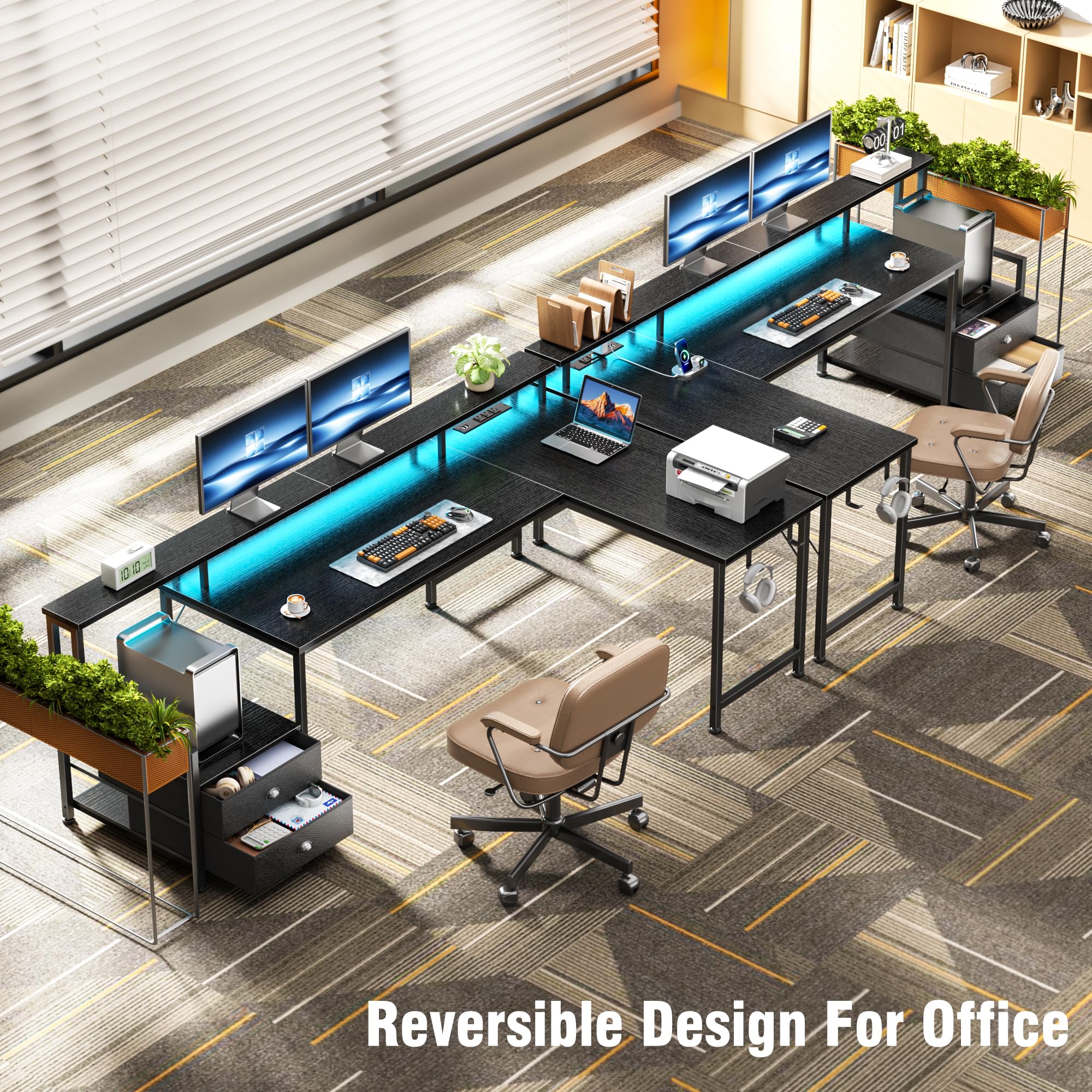 Korfile 66'' L Shaped Gaming Desk with Drawers and Storage Shelves, Reversible Corner Desk with Power Outlets and Host Stand, Large Computer Desk with Led Lights for Gaming, Work, Home Office, Black