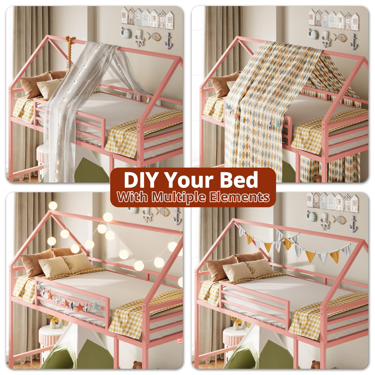 LIKIMIO Bunk Bed Twin Over Twin, House Bunk Bed Frame with Ladder and Guardrail, House Shaped with Metal Slats for Dormitory and Bedroom, Space Saving, No Box Spring Needed, Pink