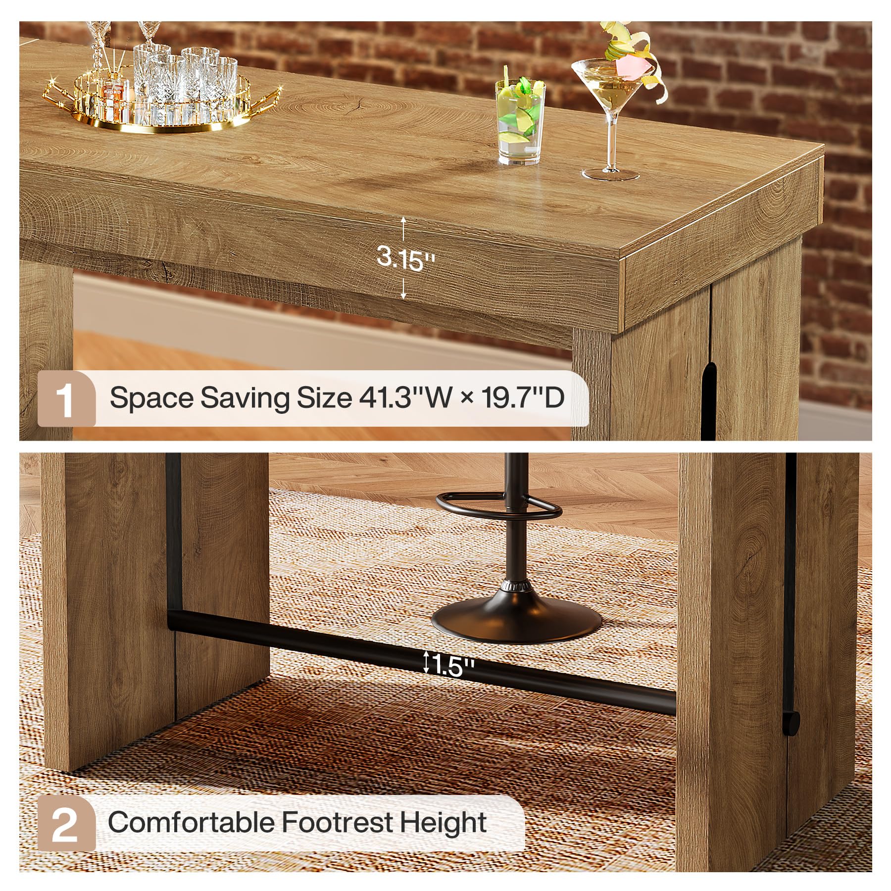 Tribesigns Bar Table, 41.3" Counter Height Pub Table with Metal Footrest, Rectangular High Top Table for Home Kitchen, Dining Room, Bistro, Narrow Space, Rustic Brown